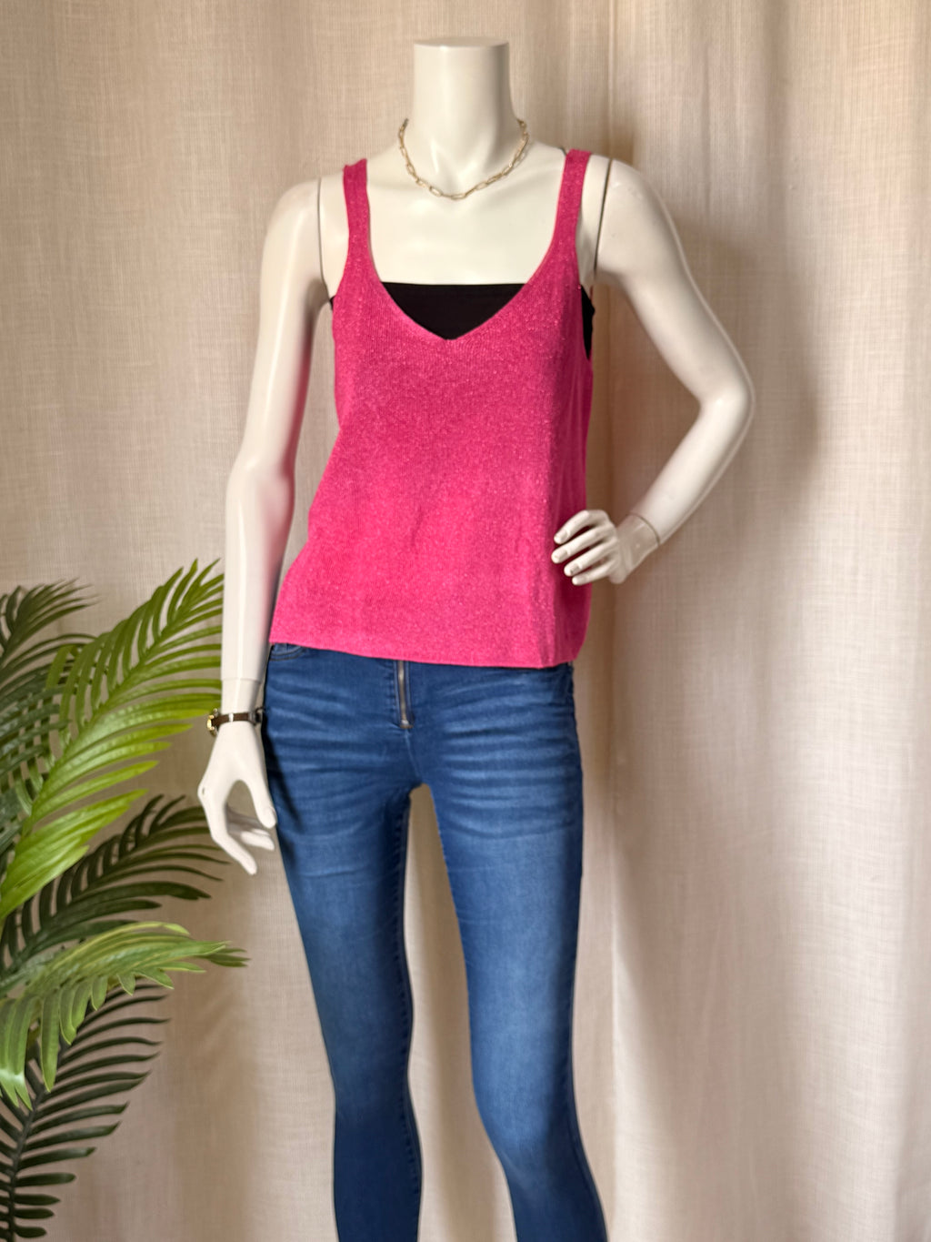 MANGO Committed Pink Metallic V-Neck Camisole - Size Large