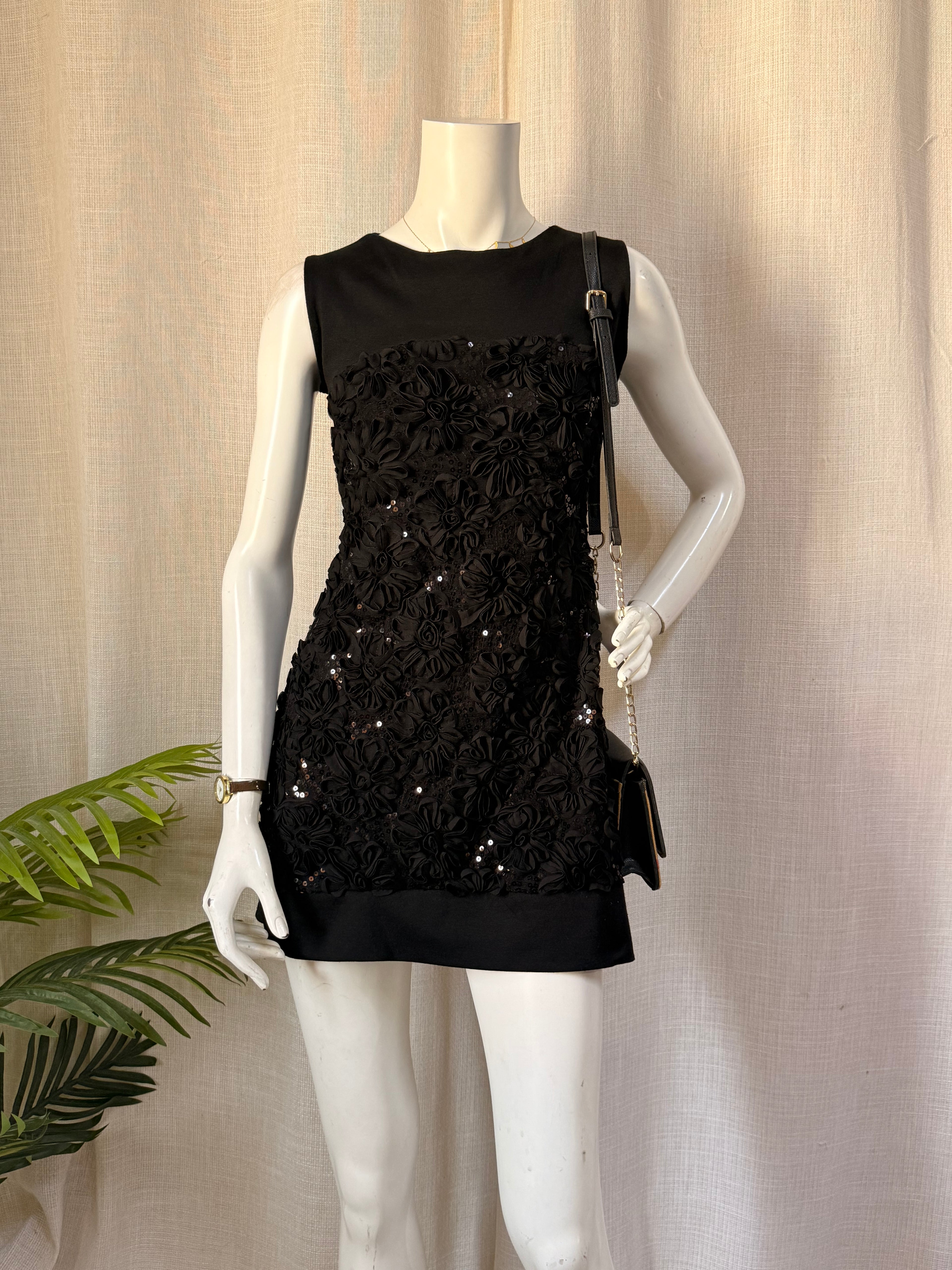 Italian Floral Appliqué Sequin Mini Dress – Size Large / UK 14
