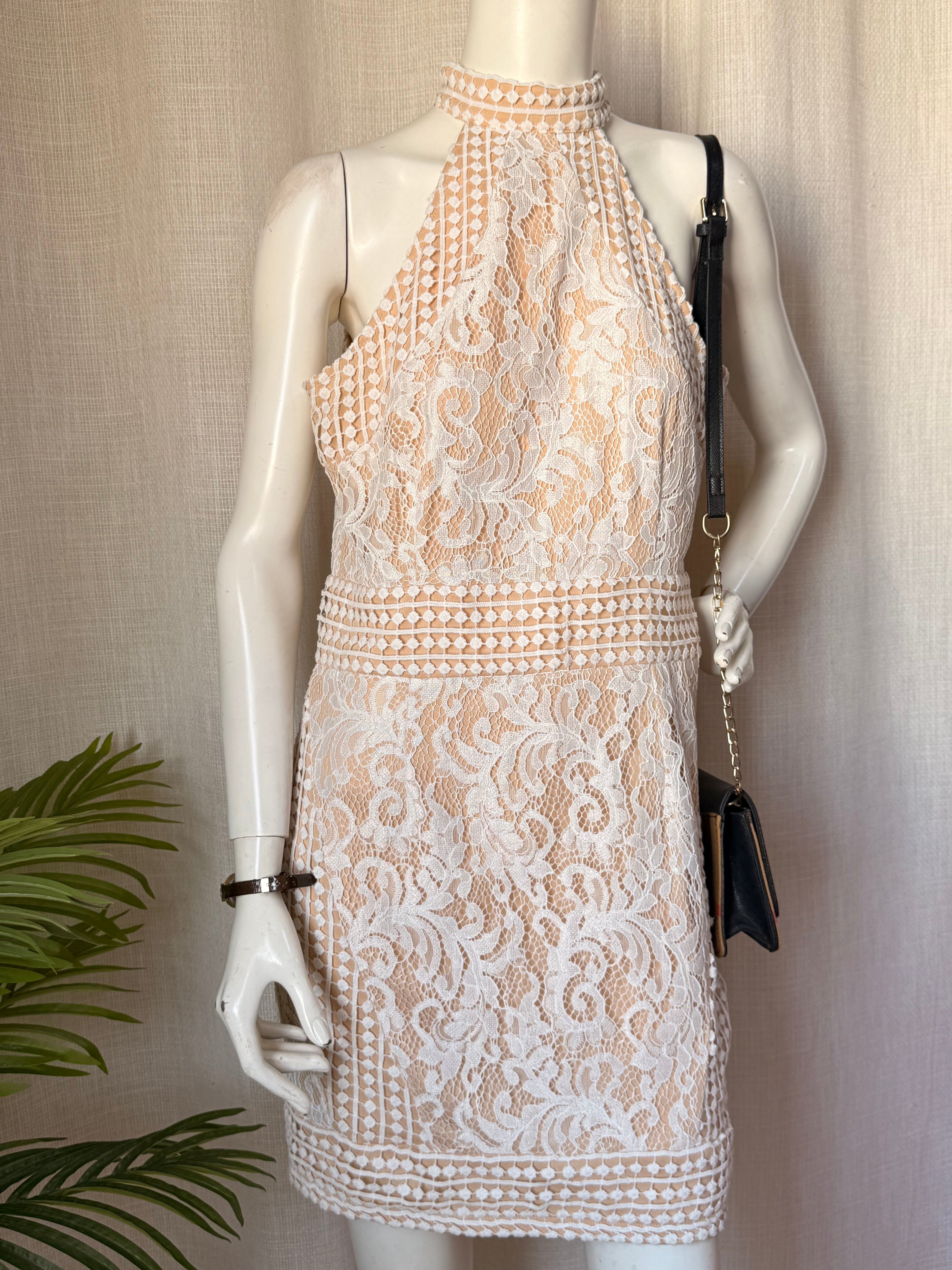 PrettyLittleThing Cream Lace Halterneck Bodycon Dress | UK 14