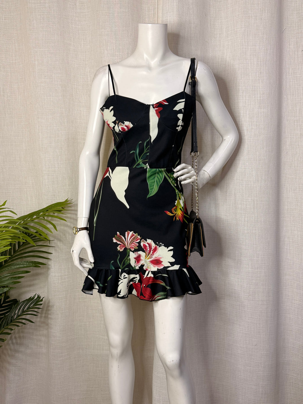 Style D'Amour Tropical Floral Sweetheart Ruffle Mini Dress - Size UK 12 - Medium