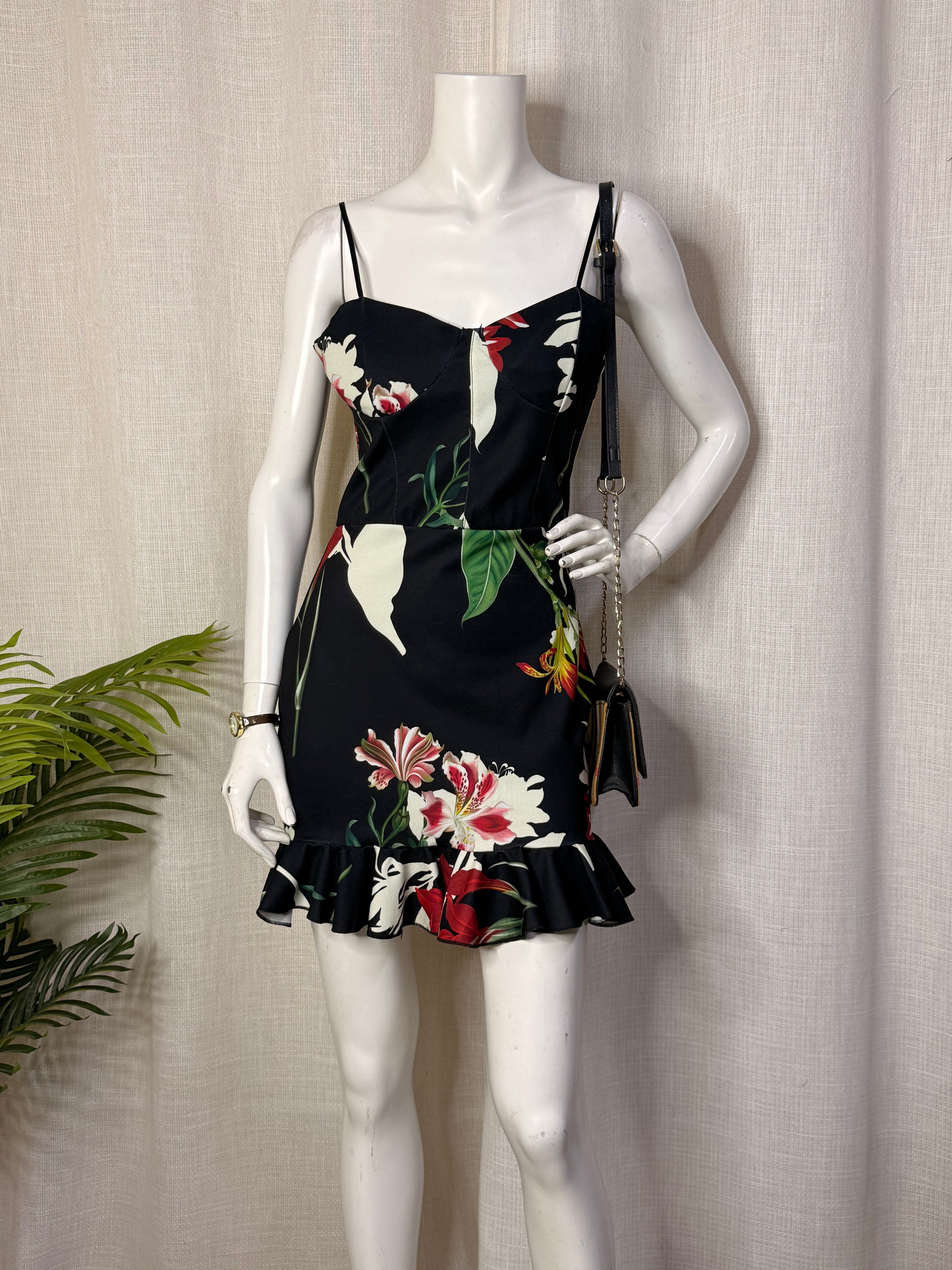 Style D'Amour Tropical Floral Sweetheart Ruffle Mini Dress - Size UK 12 - Medium