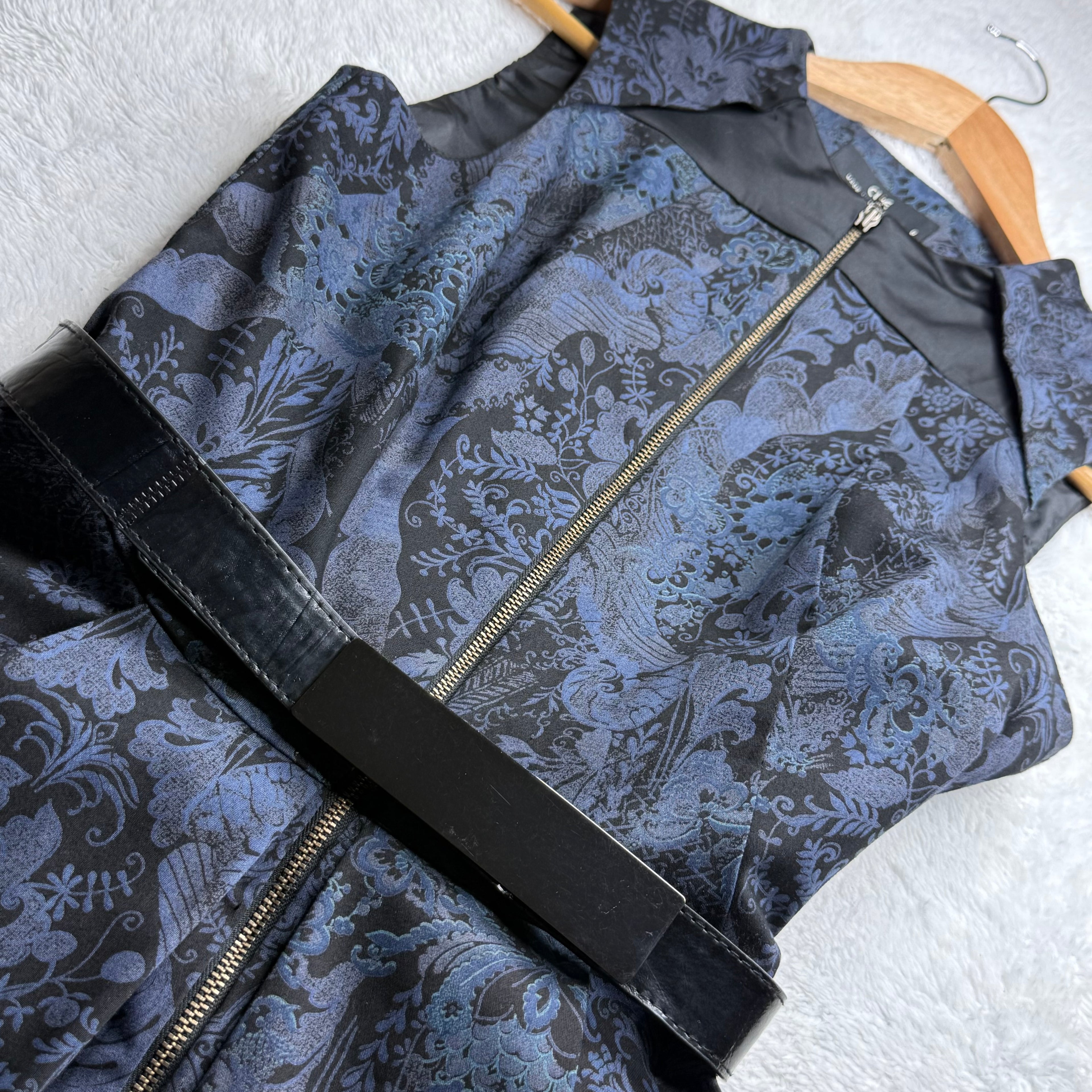 Cue Australia Navy & Black Brocade Dress with Belt