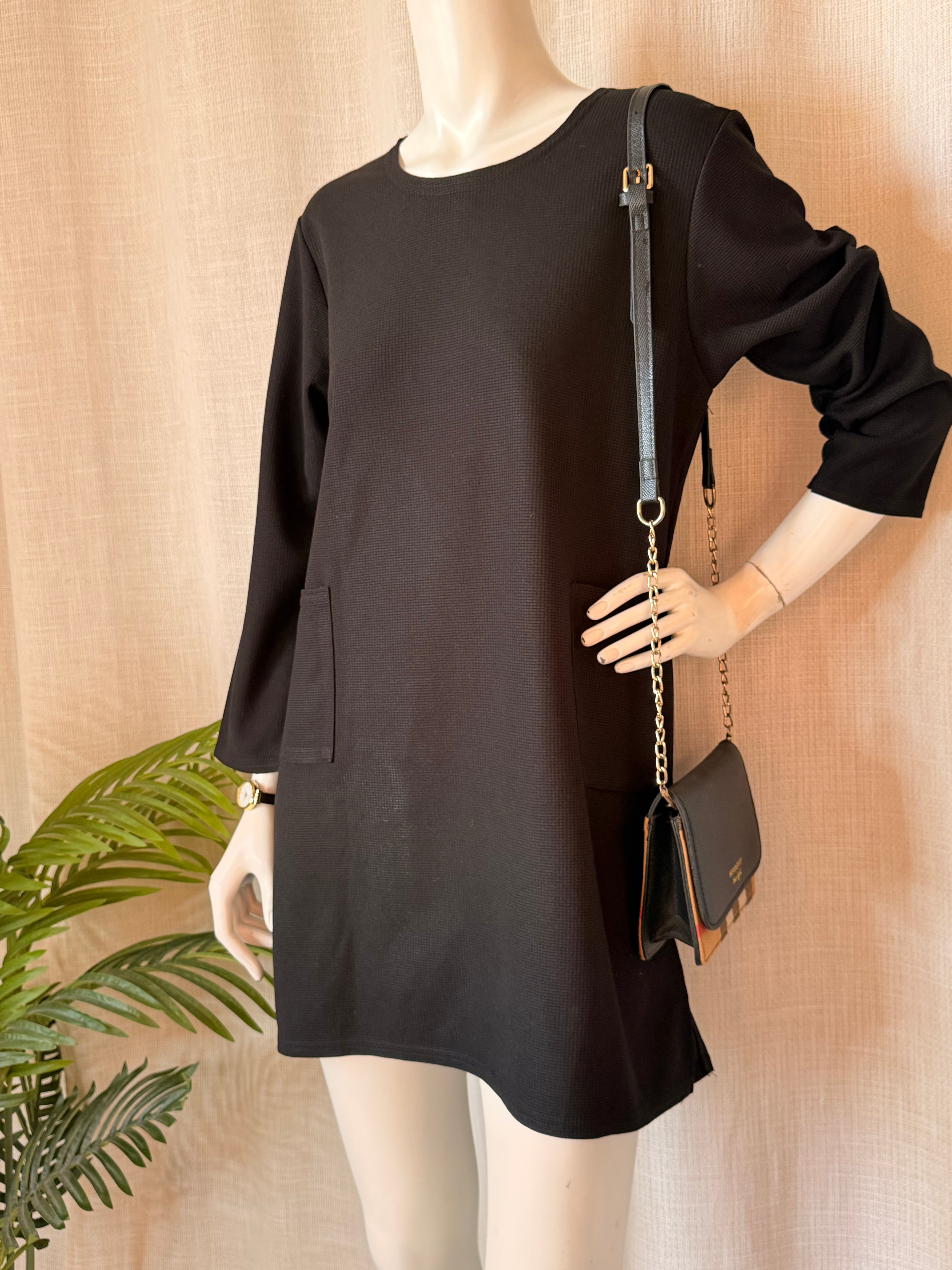 Modestly One Black Textured Knit Shift Dress with Pocket – Size L/XL