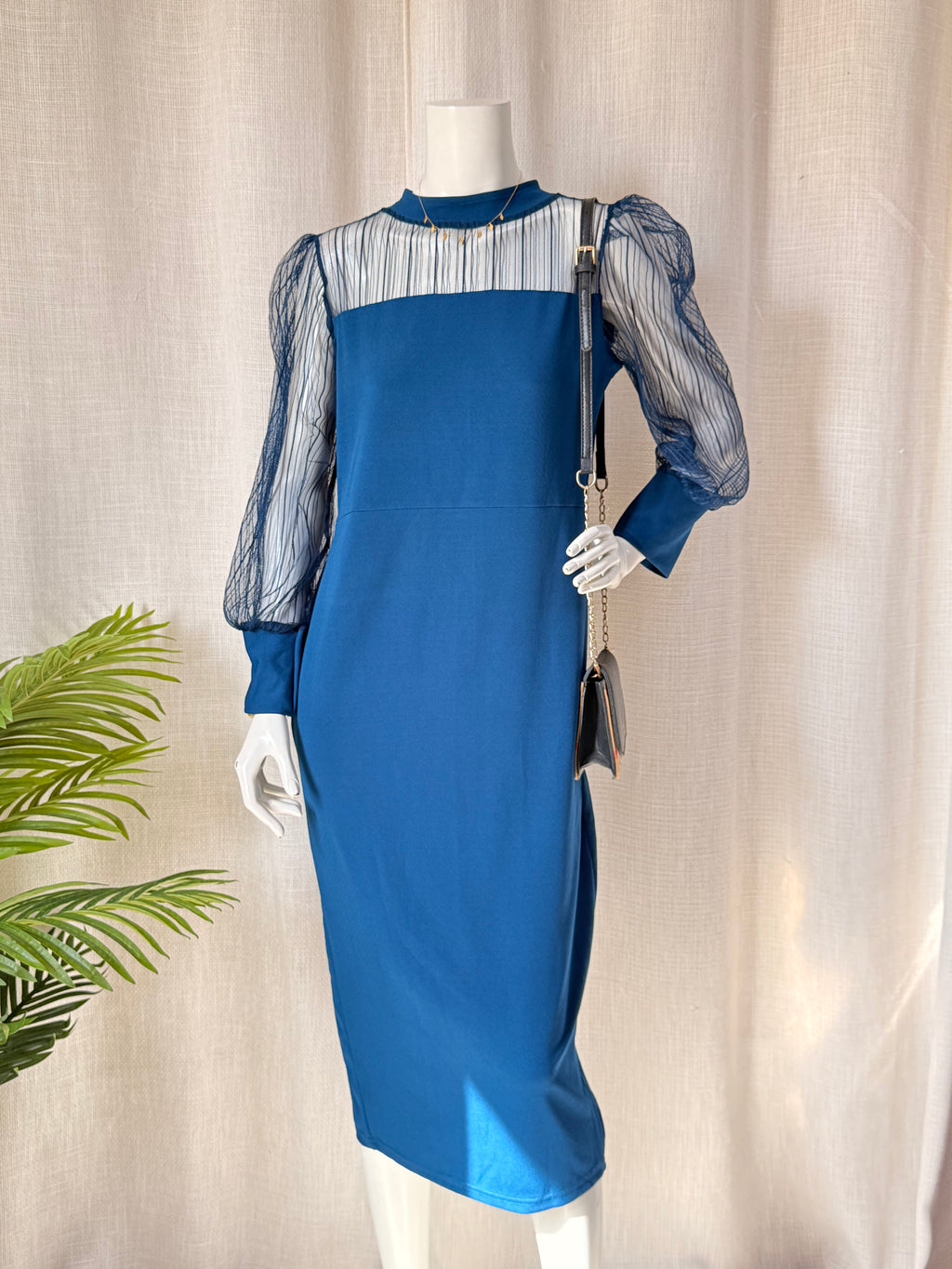 Vintage Teal Crepe Midi Dress with Sheer Mesh Balloon Sleeves — Size L