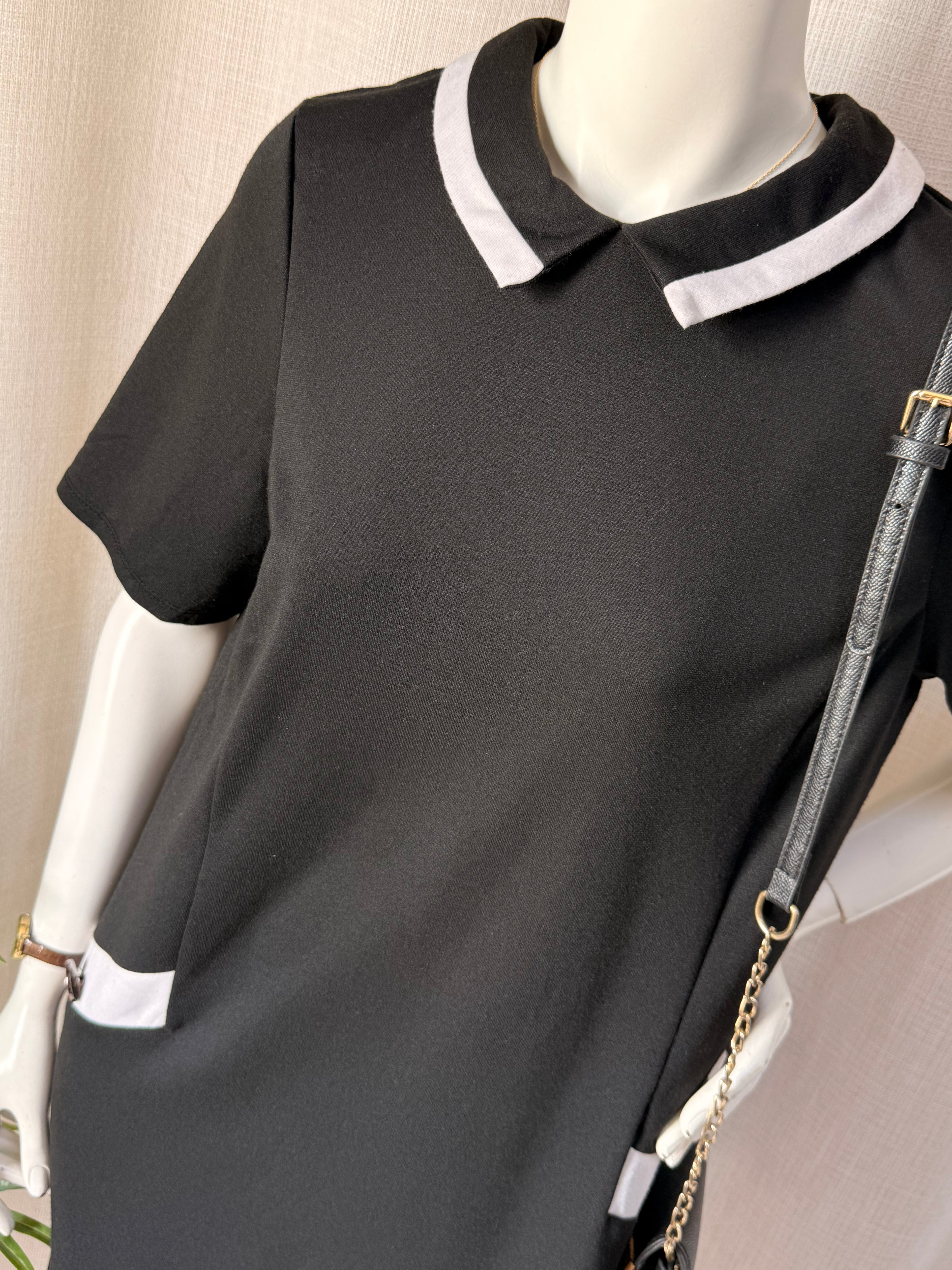 Wallis Black Contrast Collar Shift Dress – UK 16 | Elegant Workwear Midi Dress | Plus Size