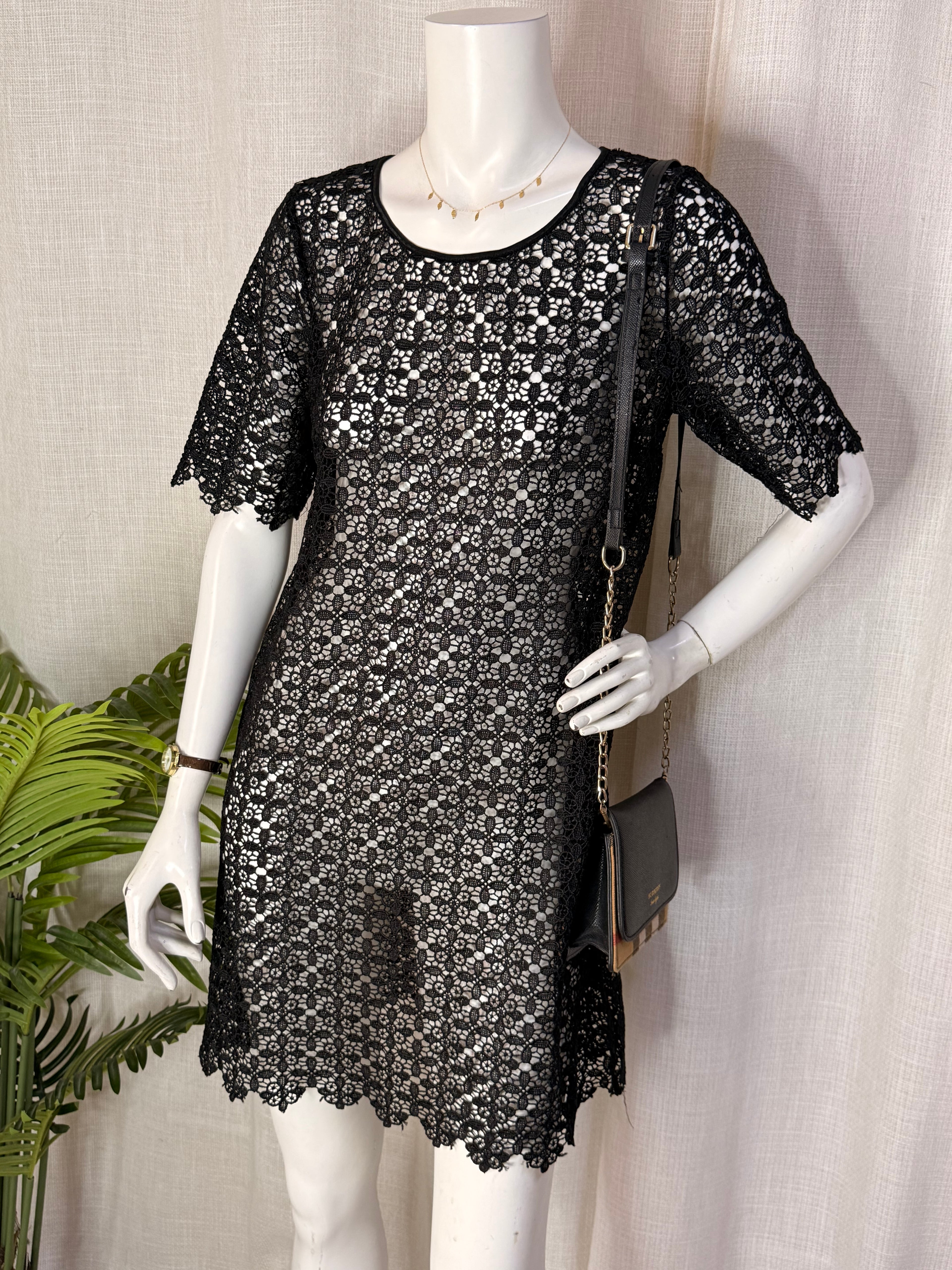Next Petites Black Crochet Lace Shift Dress | UK 12