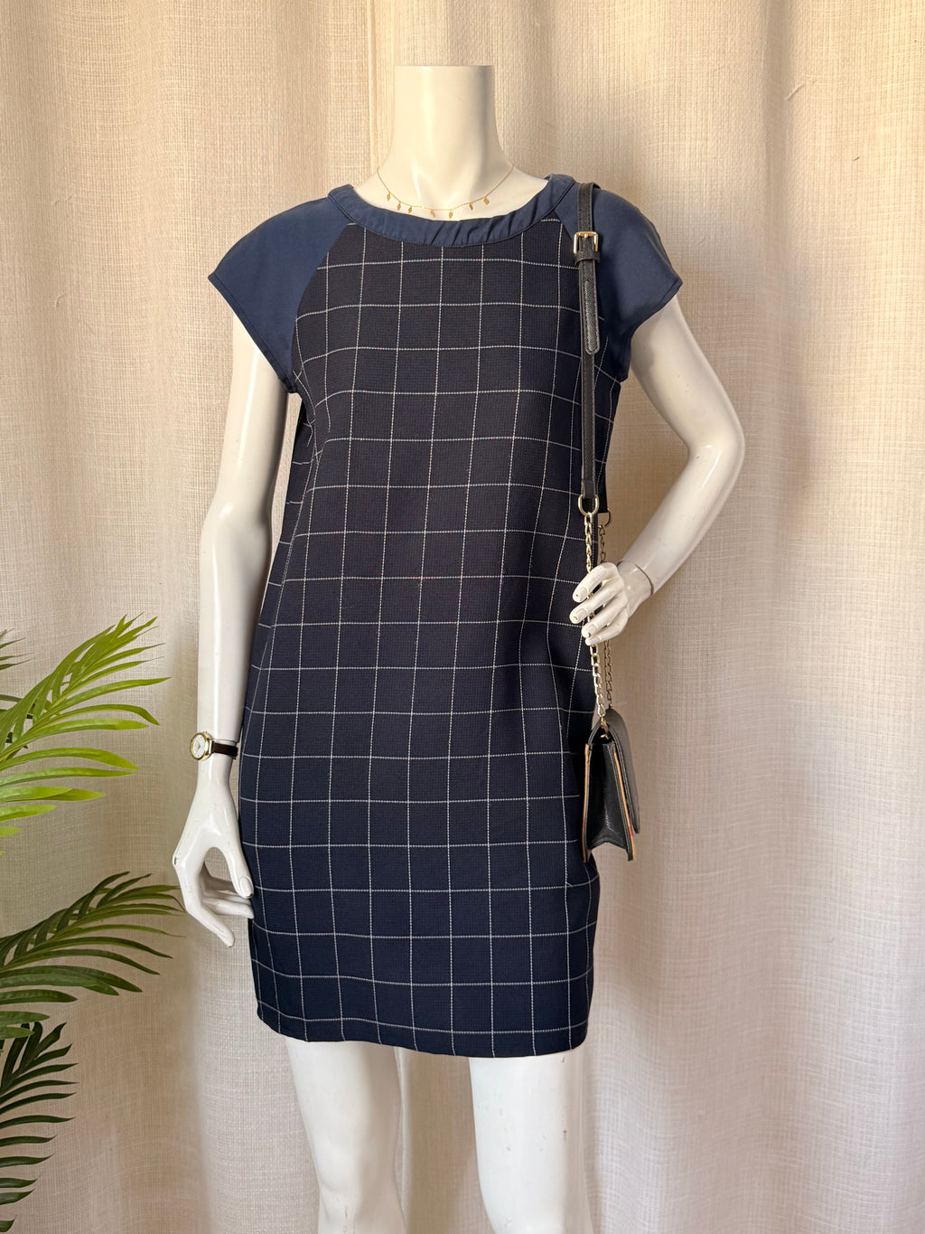Blush Inc. Navy Grid Print Raglan Shift Dress | Size M