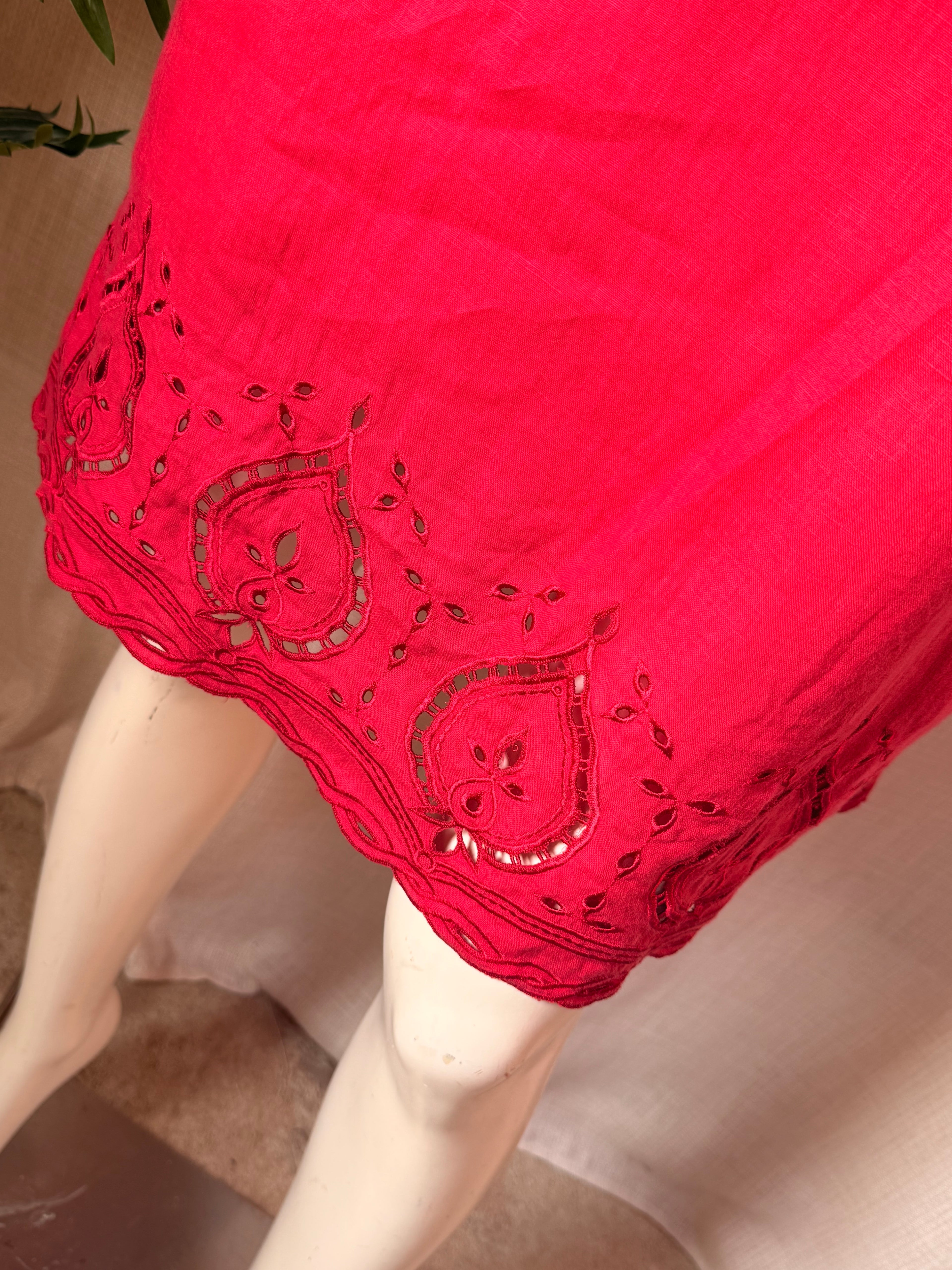 Punto Roma Red Linen Blend Embroidered Midi Shift Dress – EU 46 | UK 18