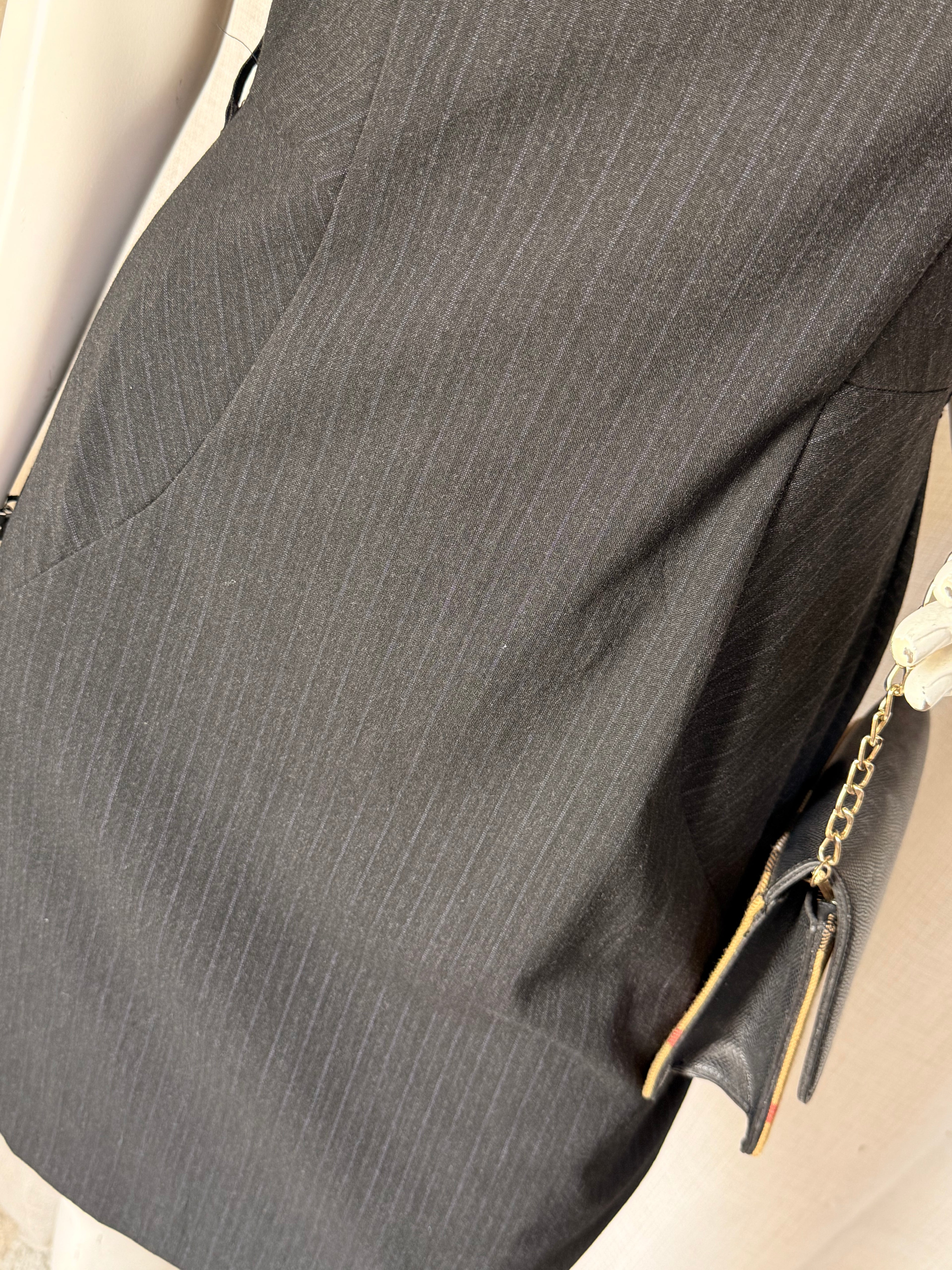 Warehouse Black Pinstripe Sheath Dress with Ruffle Sleeves – UK 12 | Office & Occasion Wear
