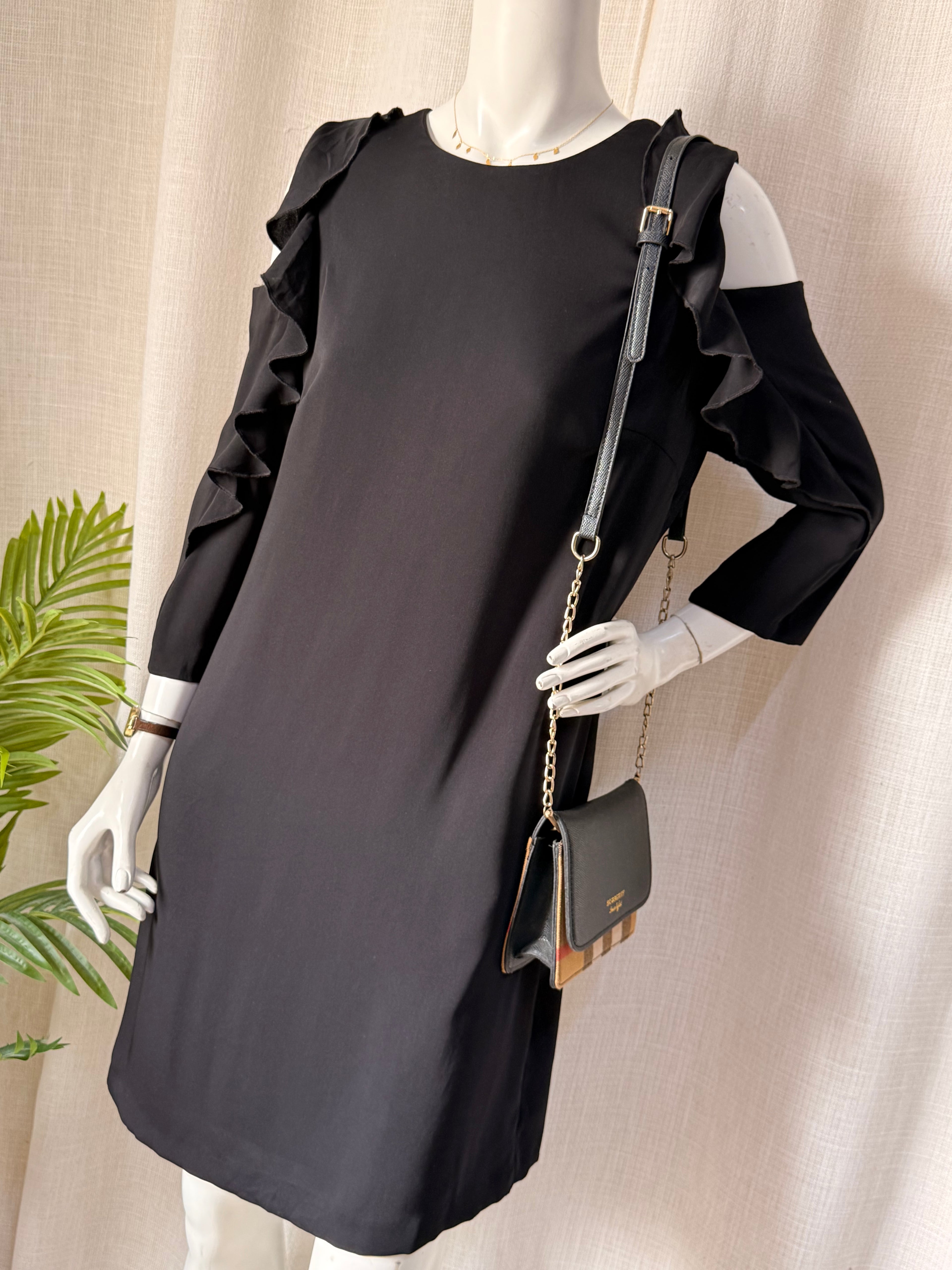 F&F Black Cold Shoulder Ruffle Shift Dress – UK 10 | Elegant Party & Evening Dress