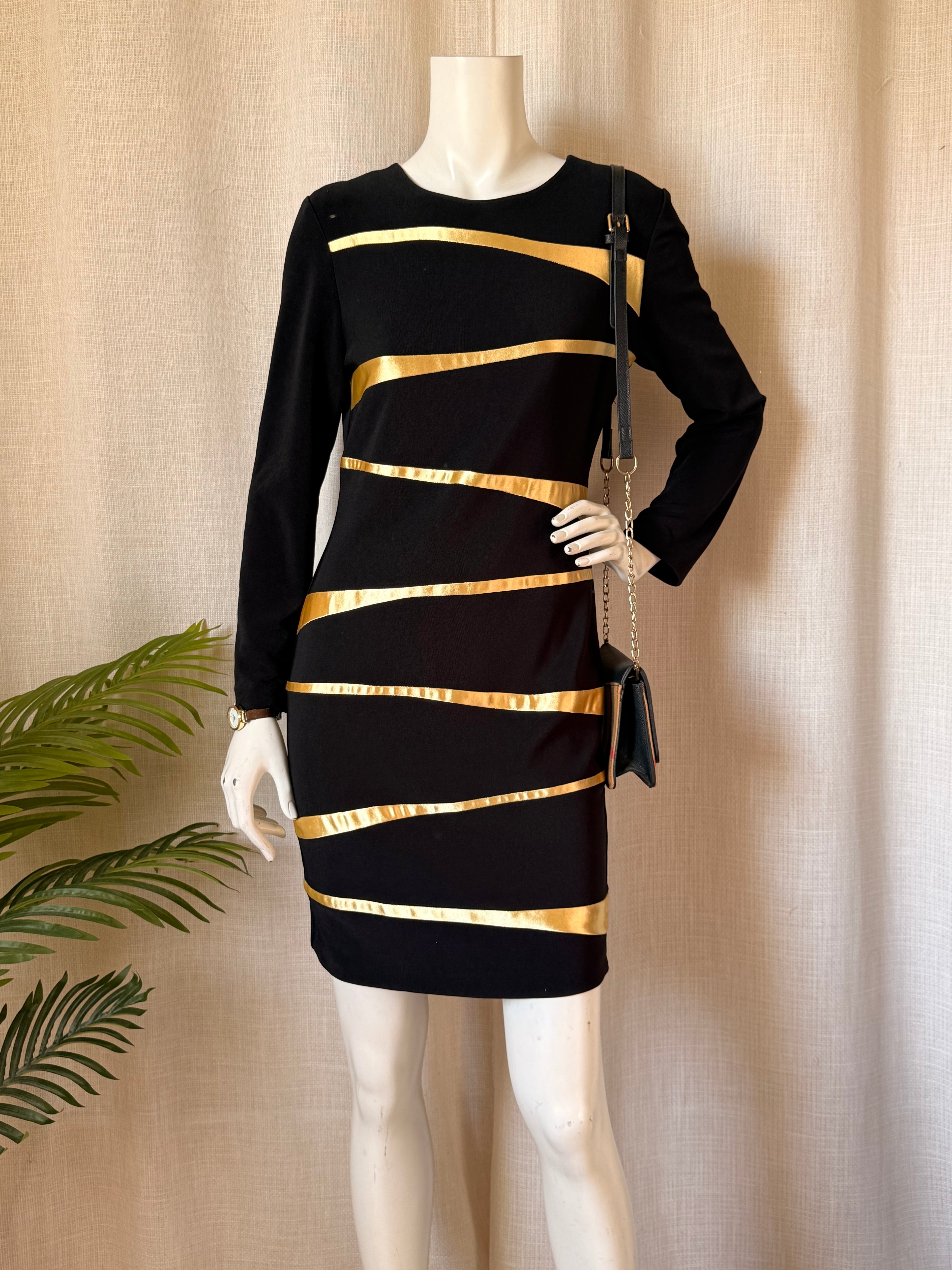 Vintage Joseph Ribkoff Black Long-Sleeve Dress with Metallic Gold Acce – Lovely Loot Closet