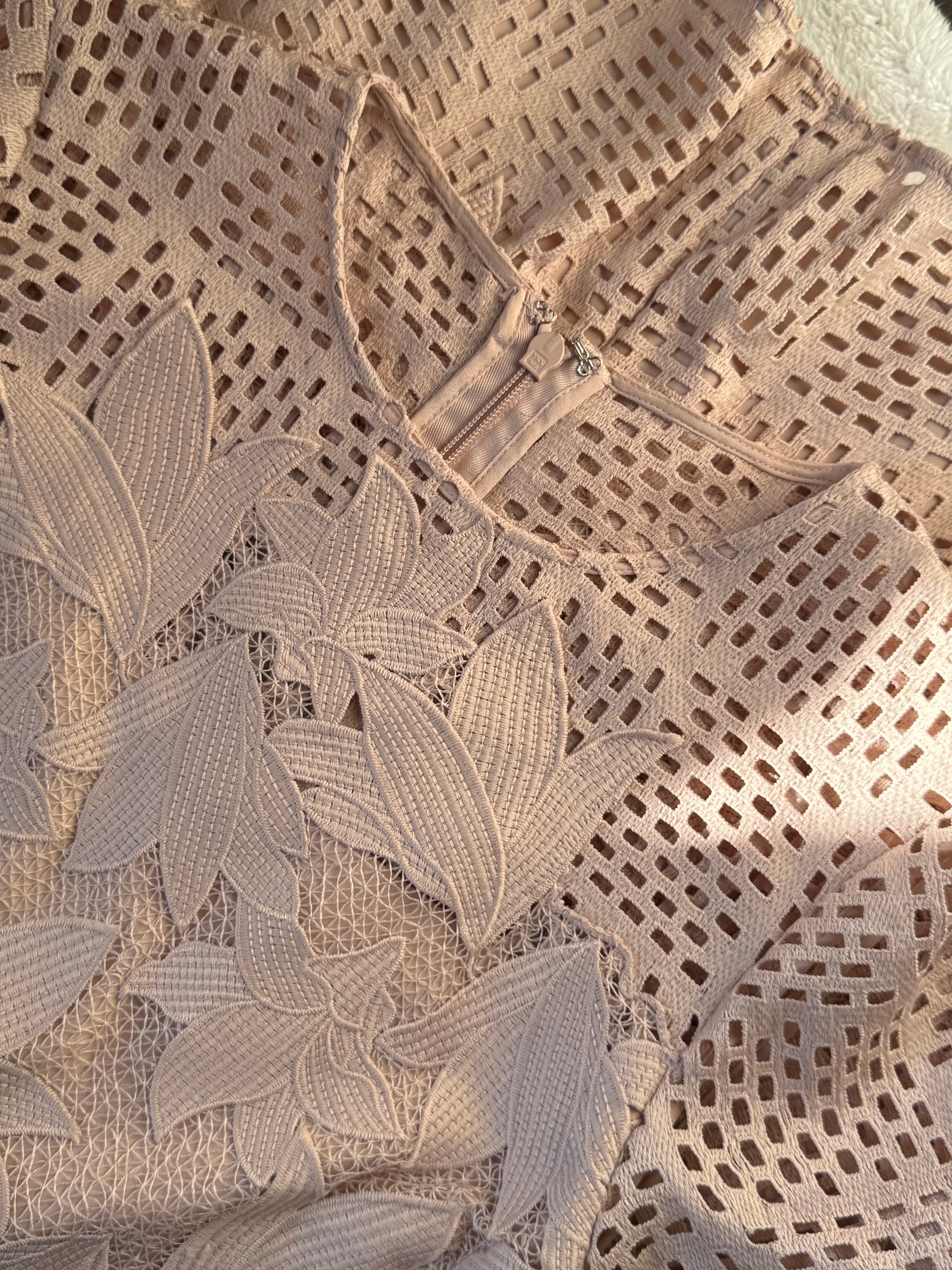 Reiss Nude Crochet Lace Drop Hem Dress | UK 16