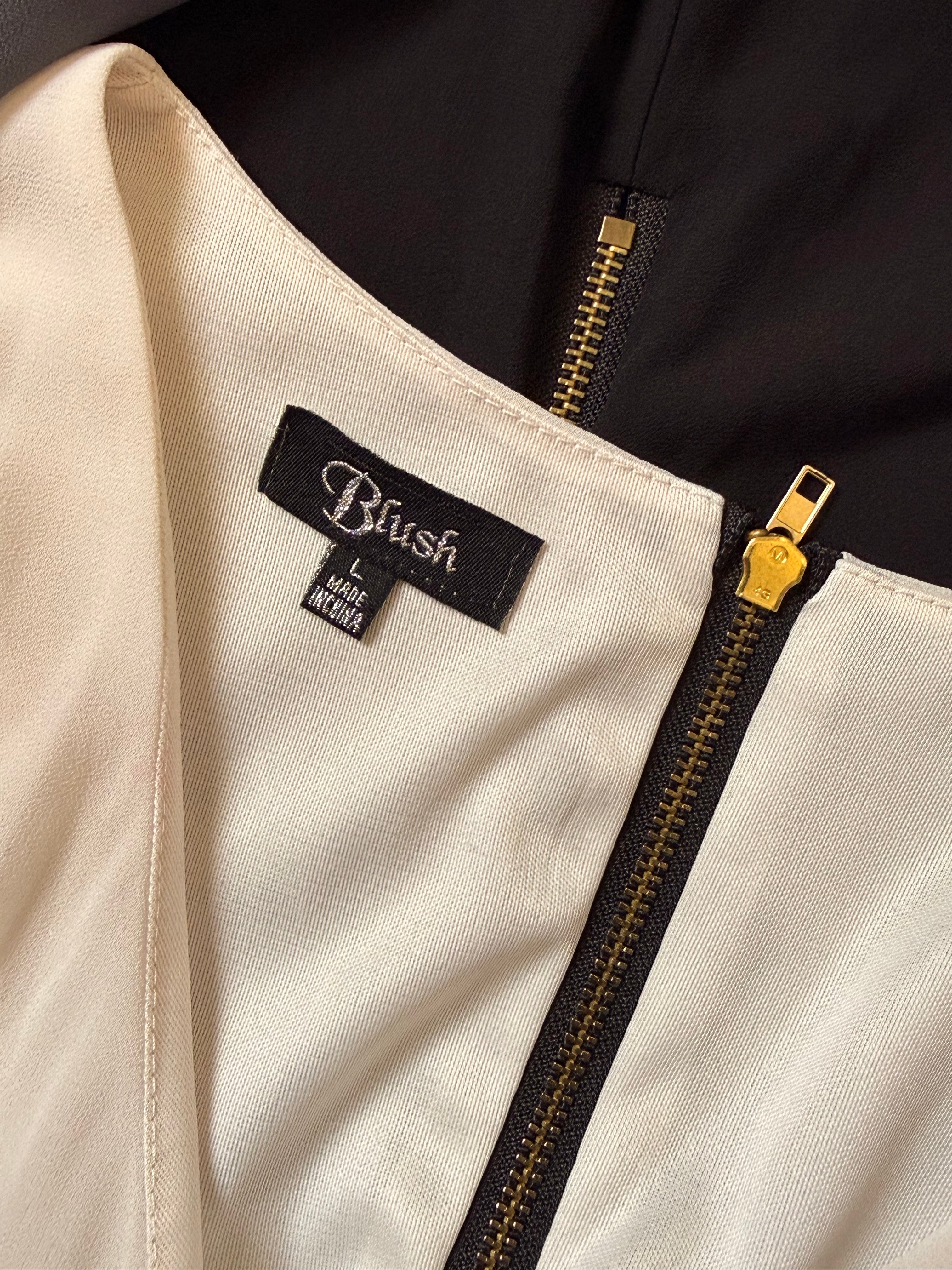 Blush Color-Block Mini Dress - Cream, Grey & Black - Pleated Skirt - Size Large