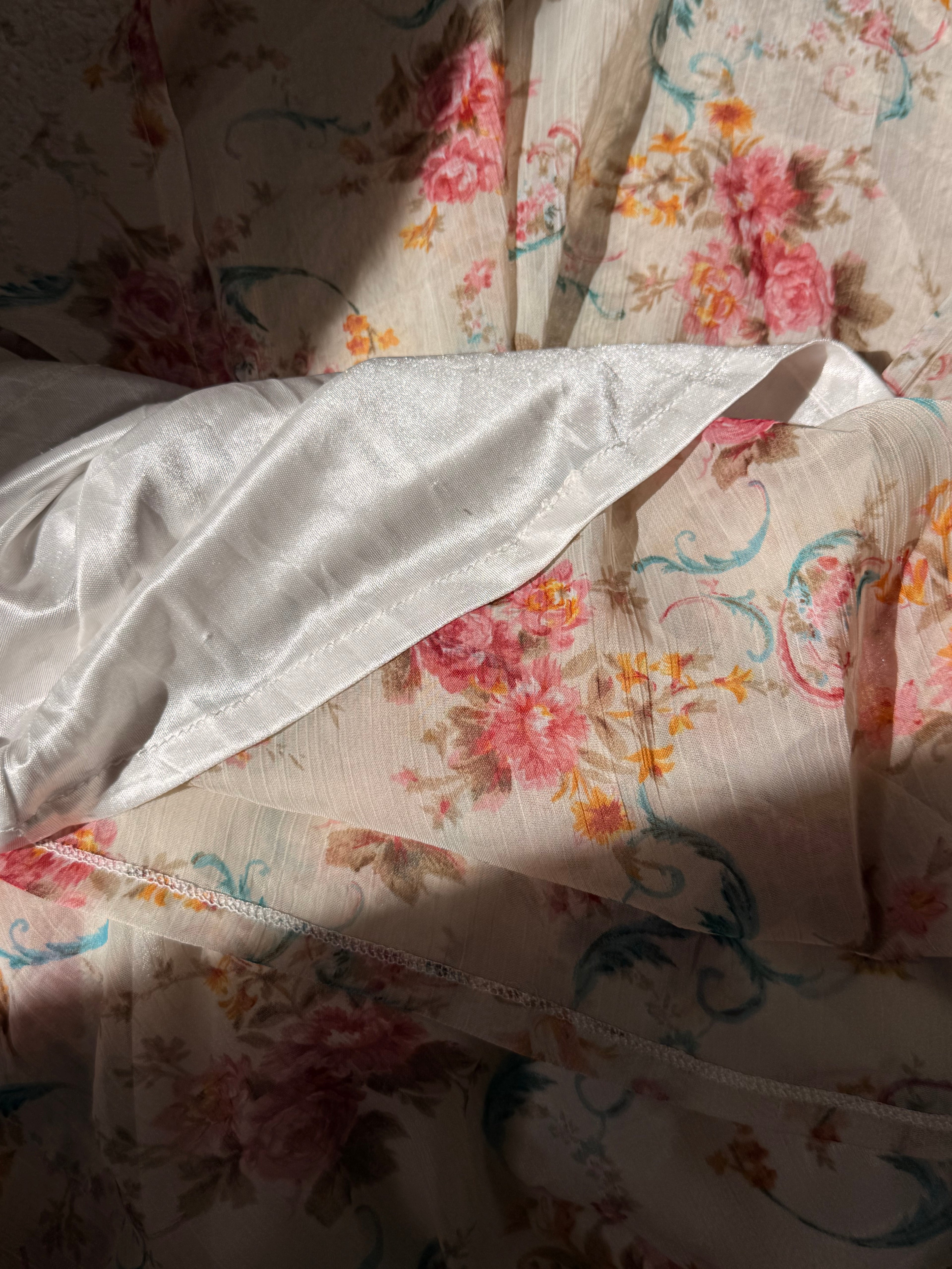 Vintage Floral Coquette Mini Dress - Sheer Ruffle Neckline & Drop Waist - Size Small