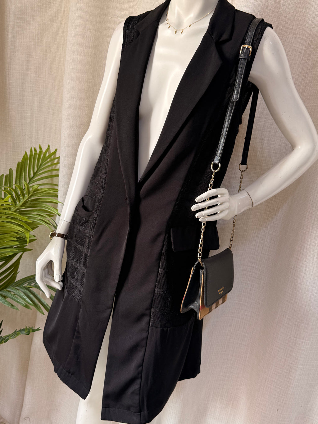Rocco Collection Black Sleeveless Longline Vest – Size S | Sheer Panel Open Blazer | Elegant Layering Piece