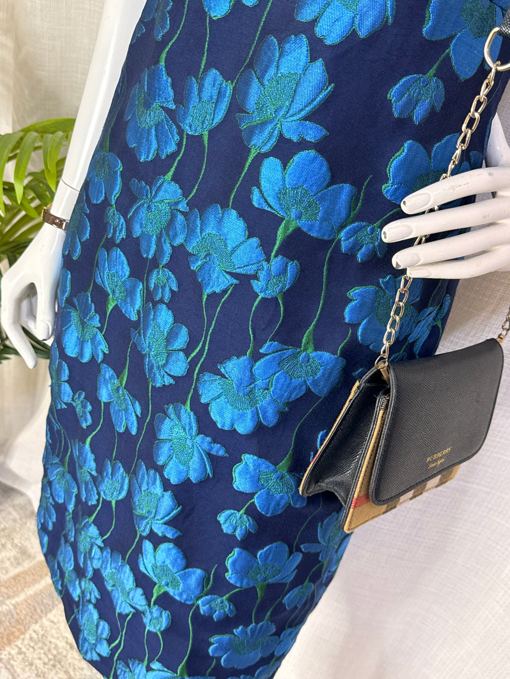 Luxury Navy & Teal Floral Brocade Halter Mock Neck Midi Dress – UK 10 / Medium