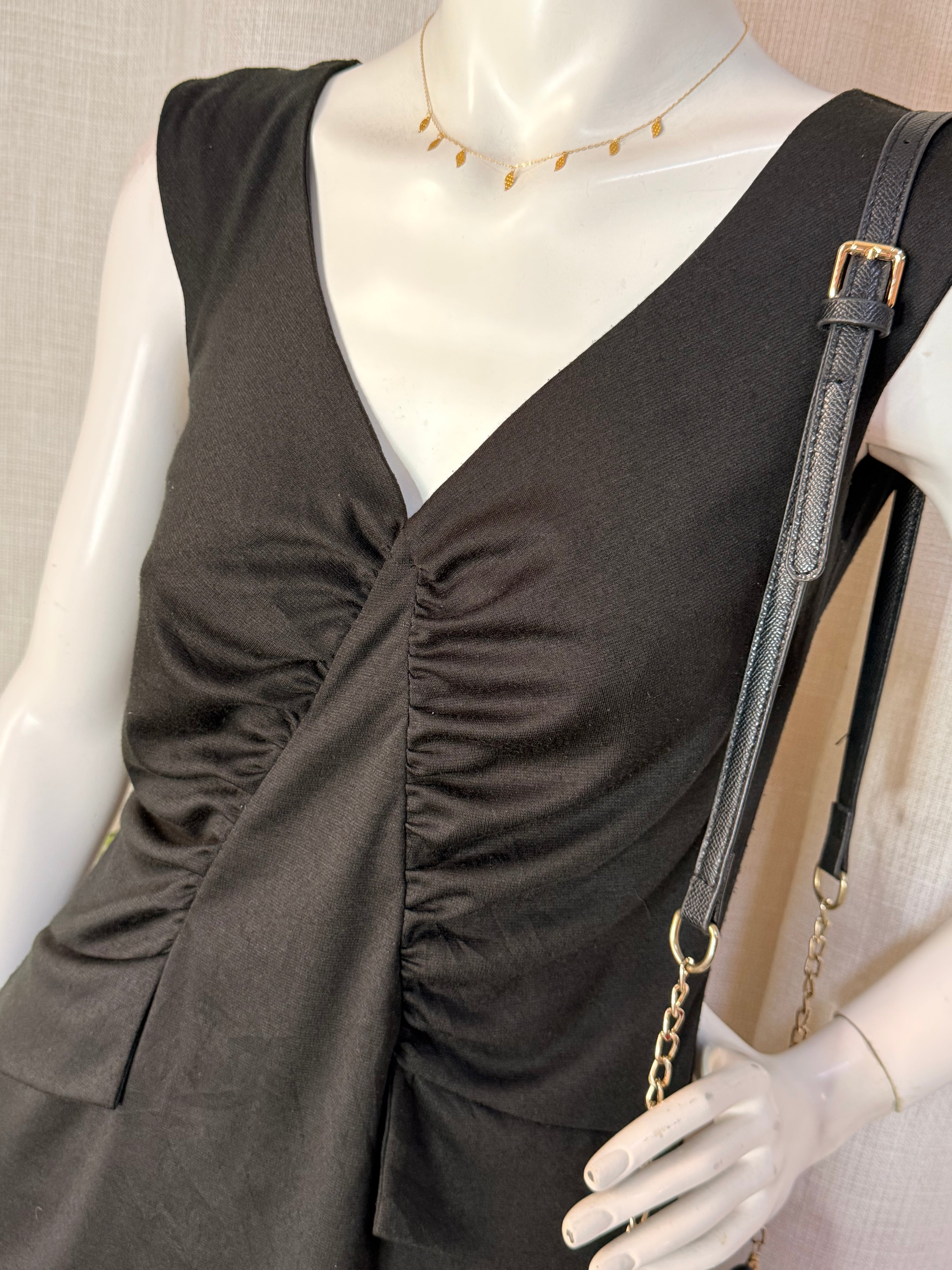 Studio Classics Black Ruched V-Neck Midi Dress – Size Large | Elegant Evening & Work Dress