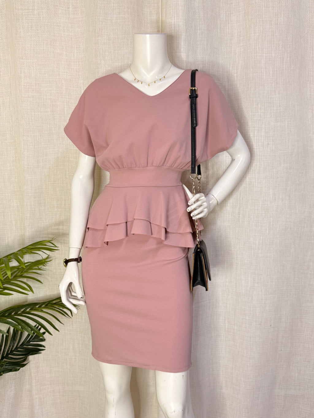 Cherry Moda Blush Pink Peplum V-Neck Midi Dress – Size XS / UK 6