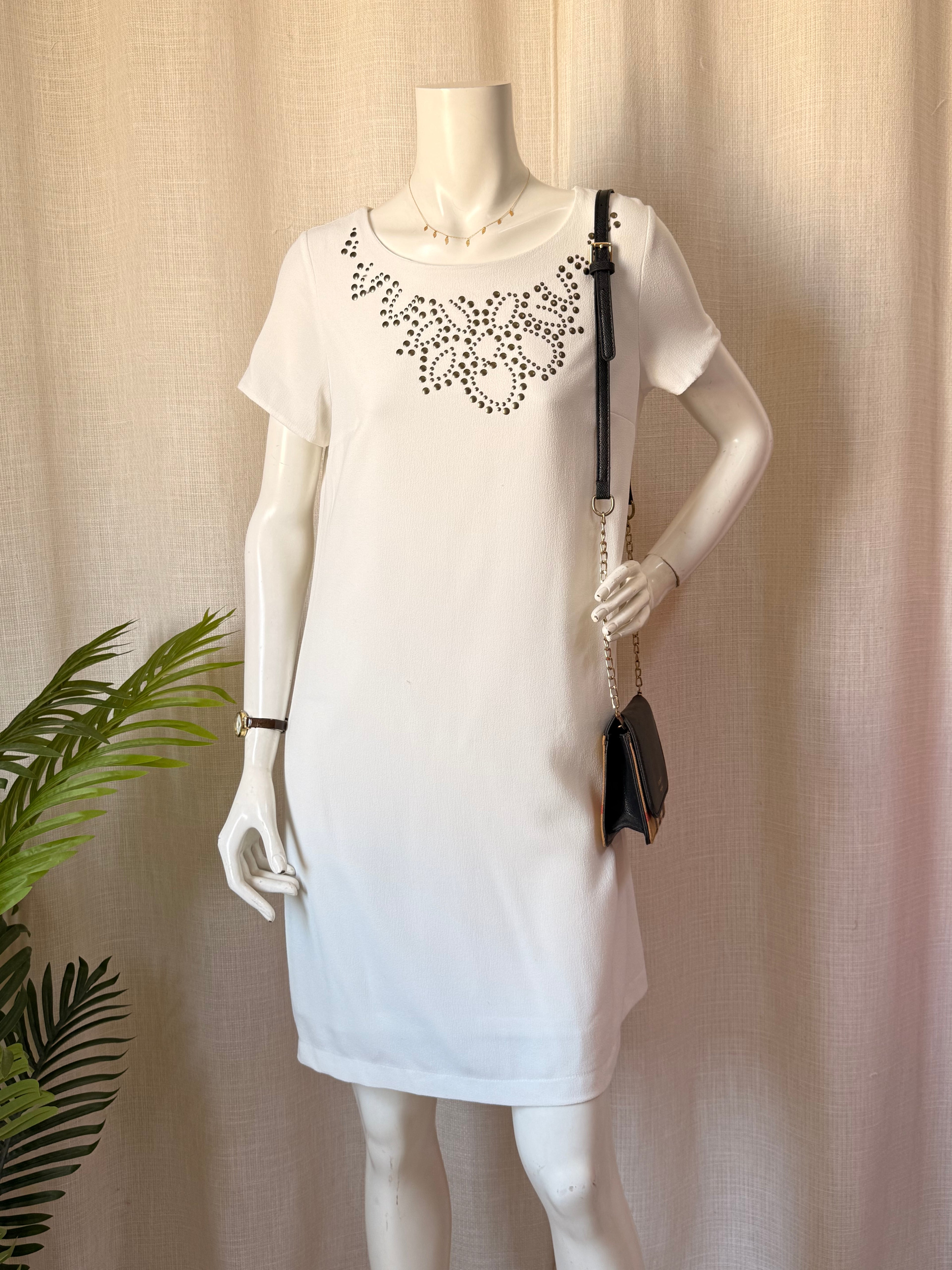 White Studded Crepe Shift Dress (Size L / XL)
