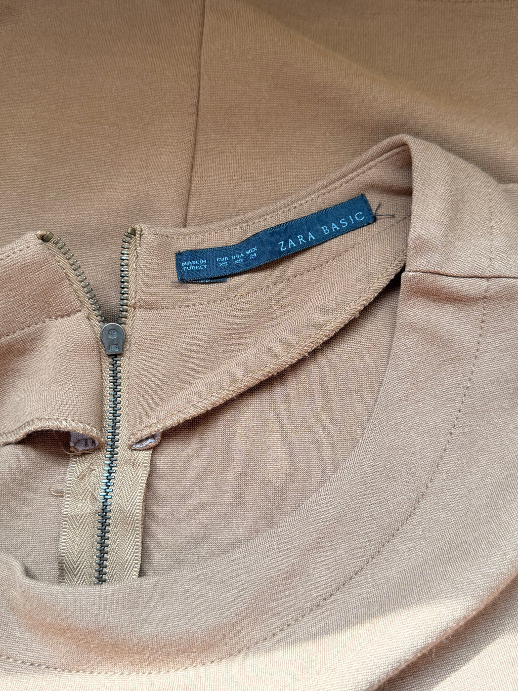 ZARA BASIC Camel Tan Sleeveless Boatneck Bodycon Mini Dress – Size XS | Chic Everyday & Casual Dress