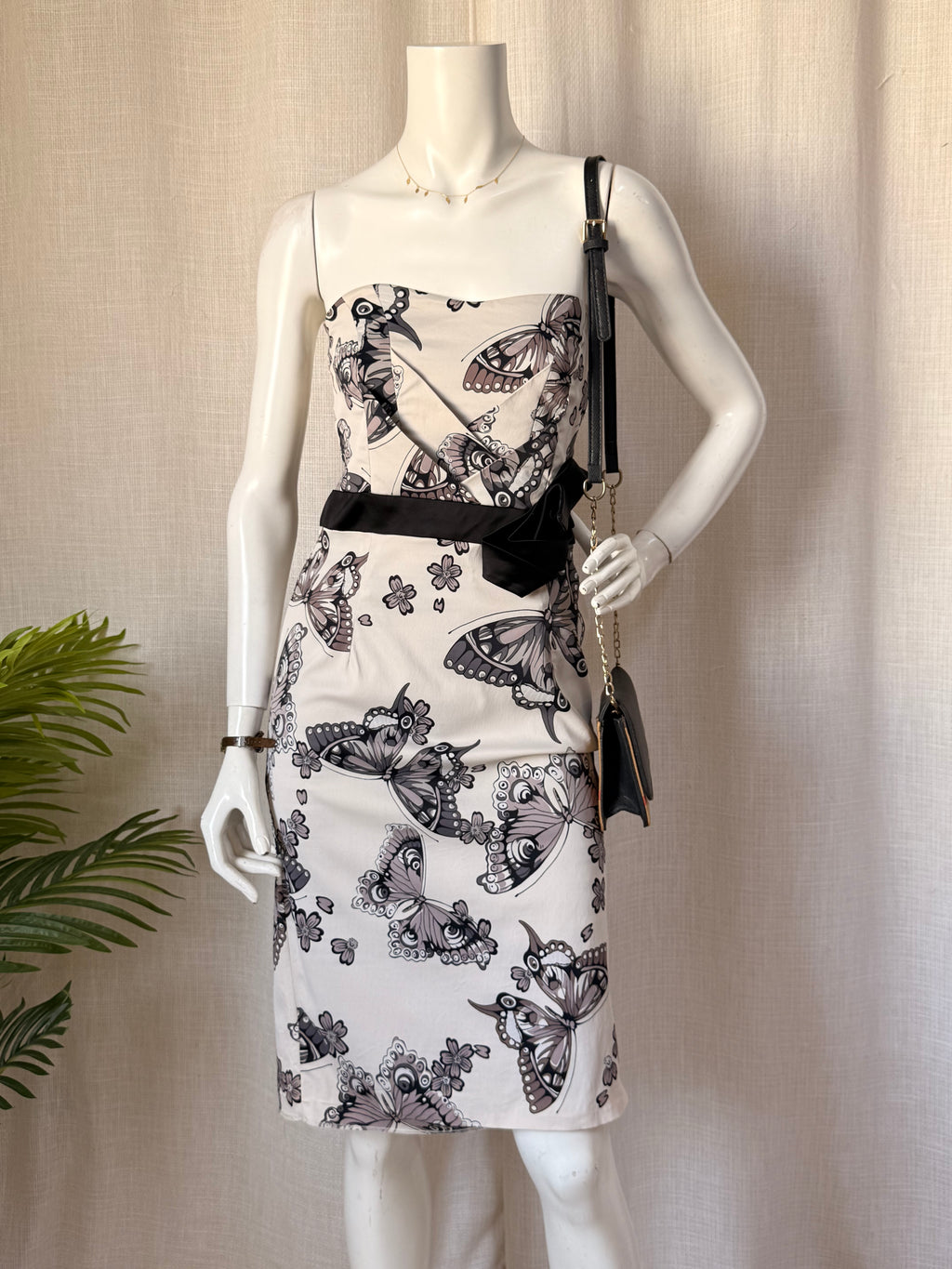 Vintage Karen Millen Butterfly Print Strapless Pencil Dress | UK 14