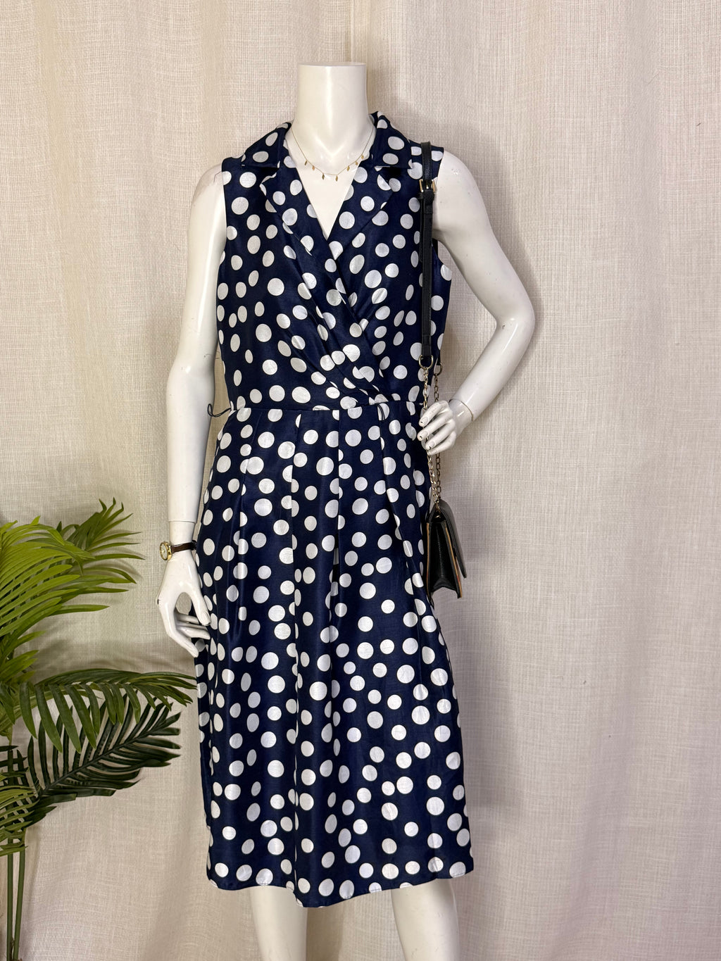 Jessica Howard Navy & White Polka Dot Lapel Wrap Midi Dress – Size UK 14 / US 10 | Large