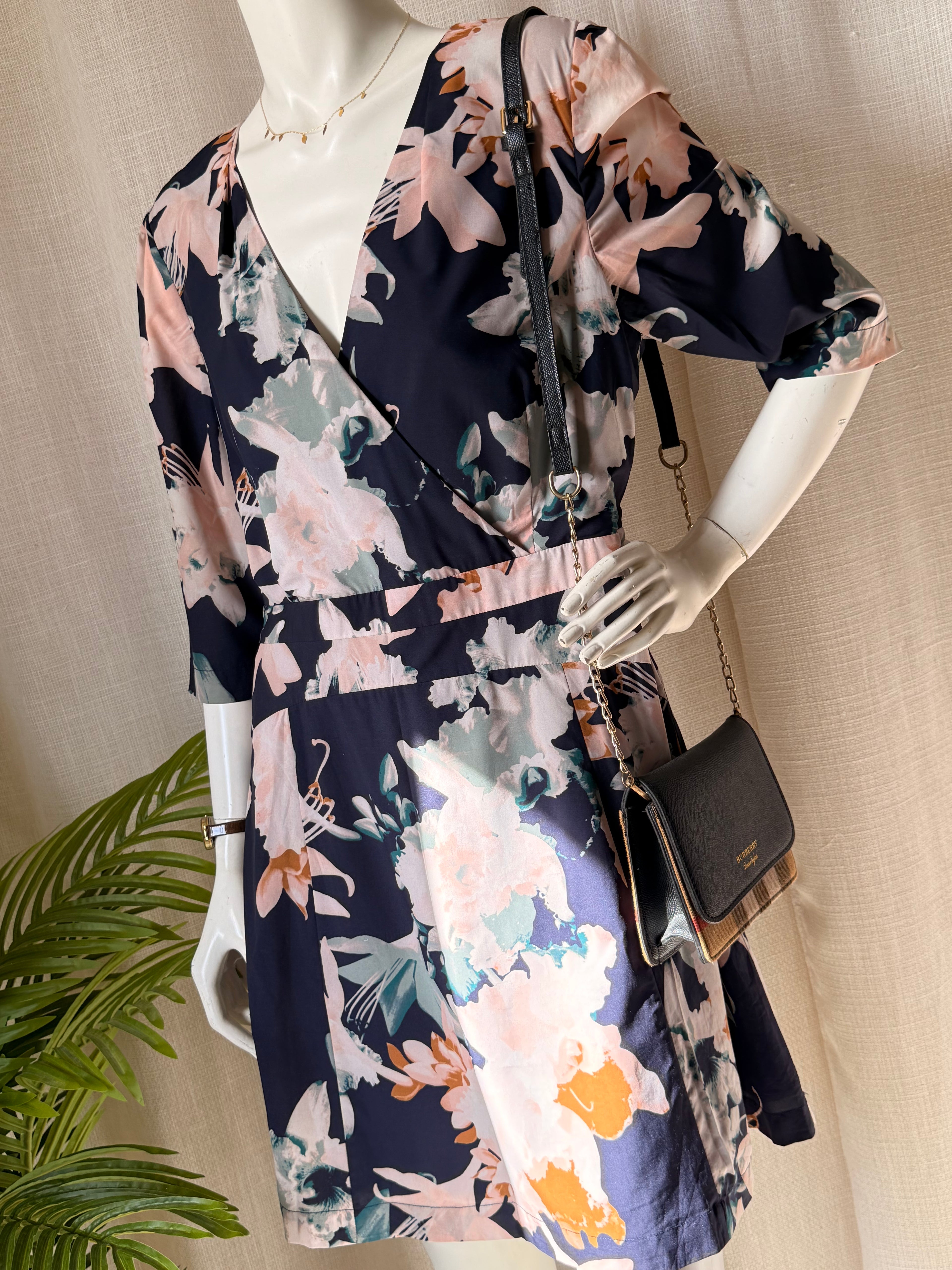 Portmans Floral Faux-Wrap Dress - Navy & Blush Satin Finish - Size 14 (L)