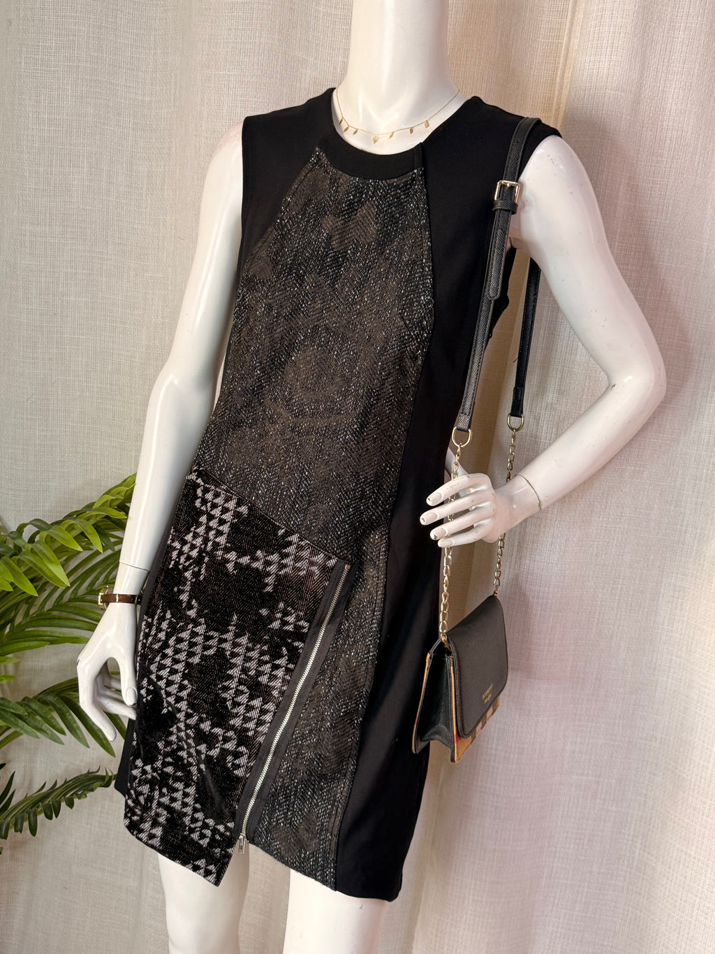 Desigual Black Metallic Mixed Print Sleeveless Dress – Size Medium | Statement Party Dress