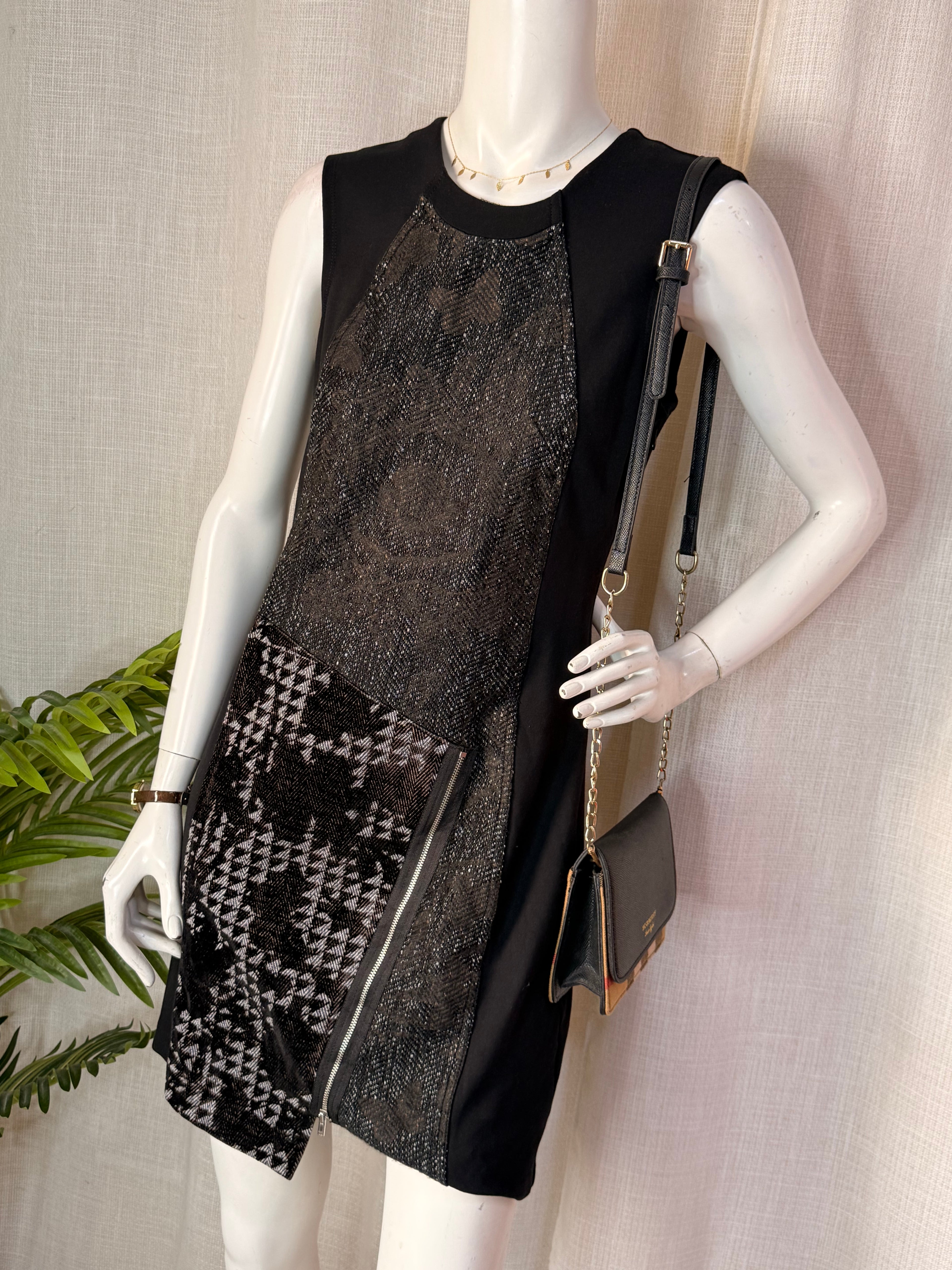 Desigual Black Metallic Mixed Print Sleeveless Dress – Size Medium | Statement Party Dress
