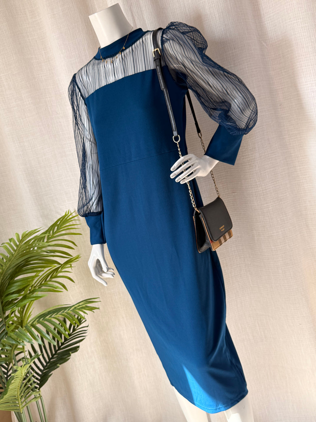Vintage Teal Crepe Midi Dress with Sheer Mesh Balloon Sleeves — Size L