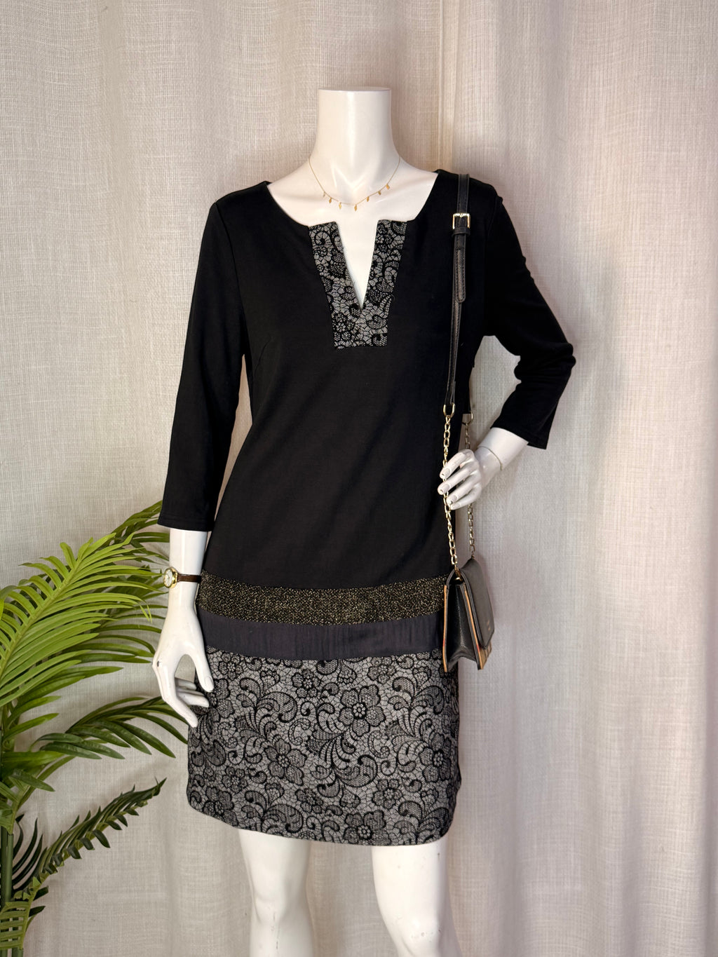 Sweet Miss Black & Silver Lace Detail Shift Dress – Size M | Elegant Party Dress