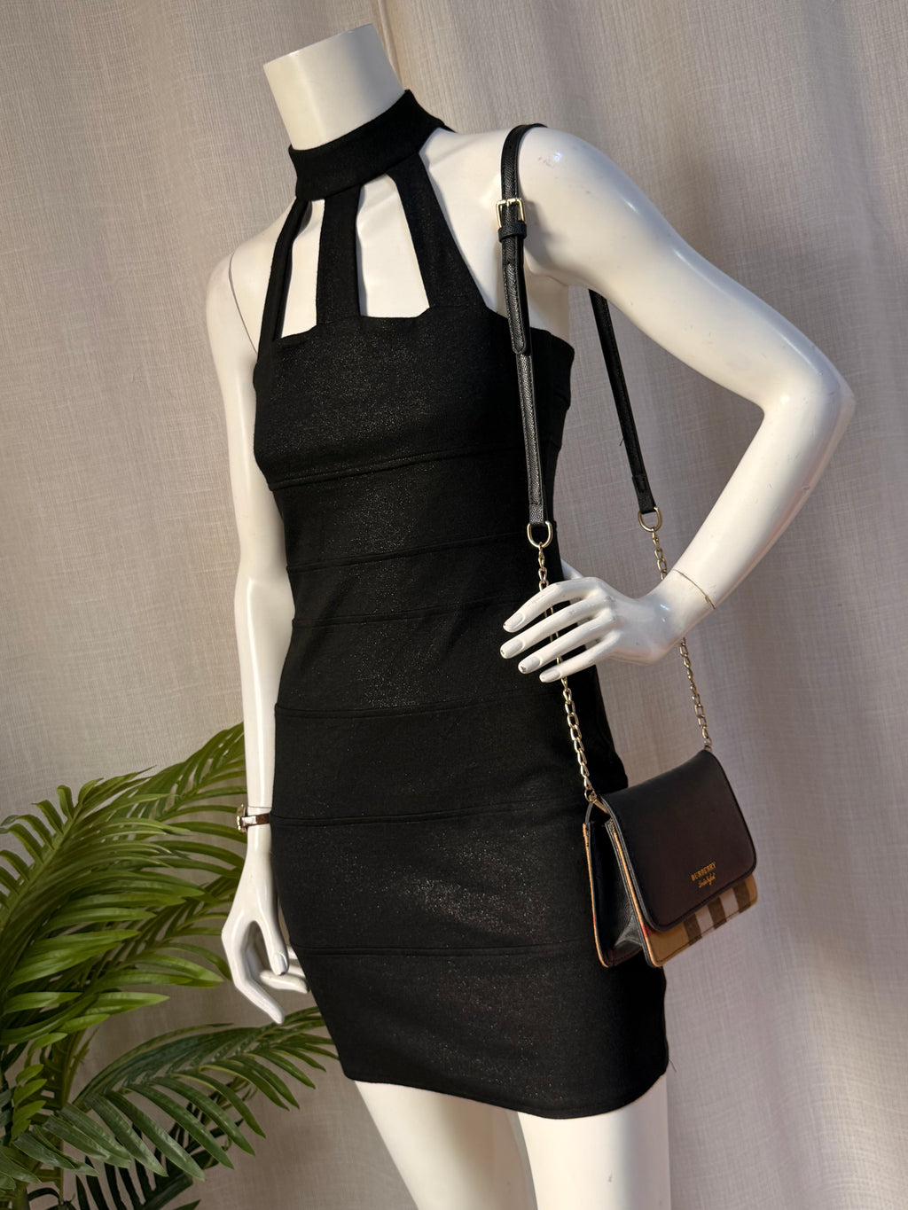 River Island Black Shimmer Halter Neck Bandage Mini Dress | UK 8
