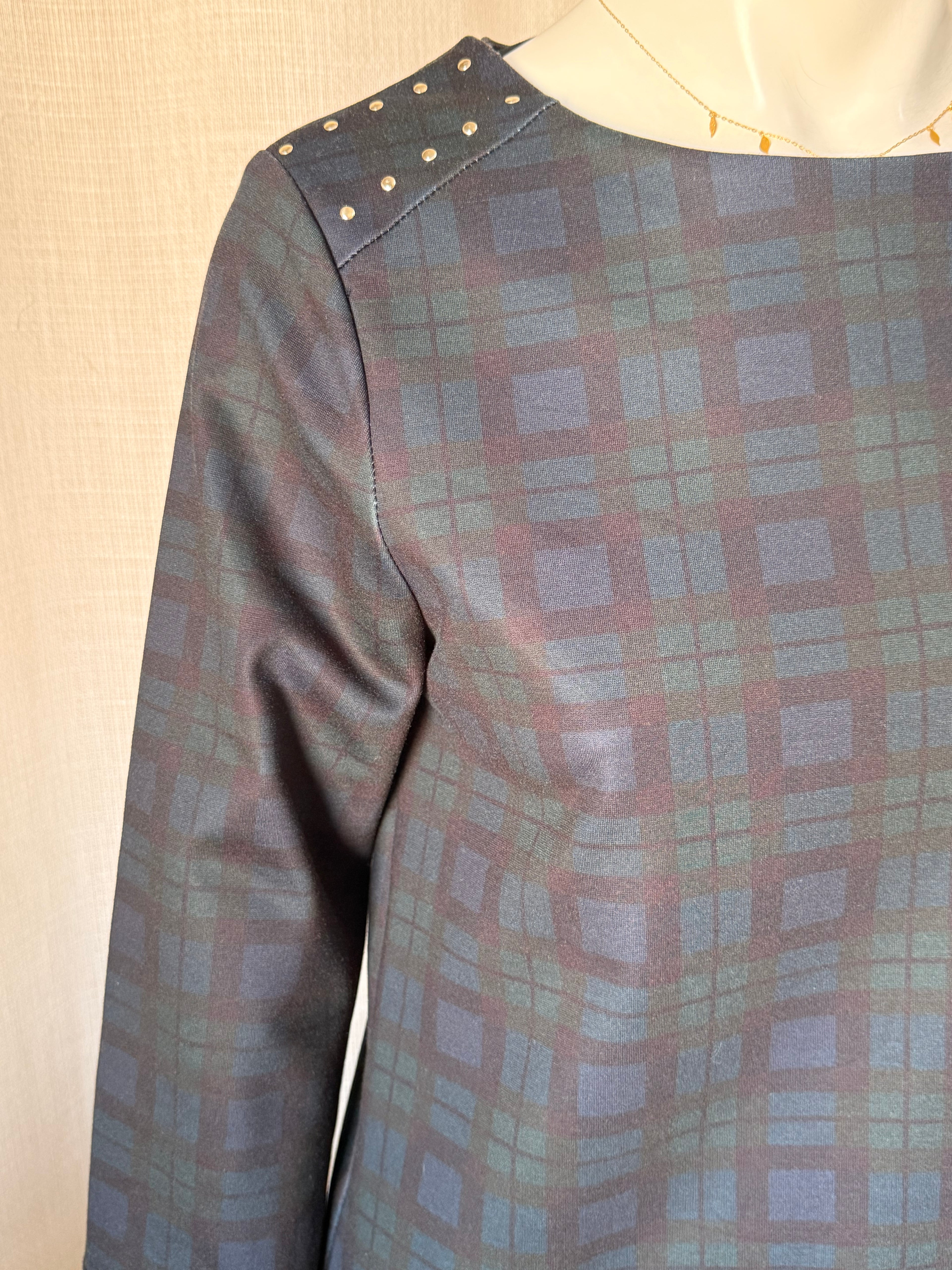 Cortefiel Plaid Studded Shift Dress - Size L (UK 12 / US 8)