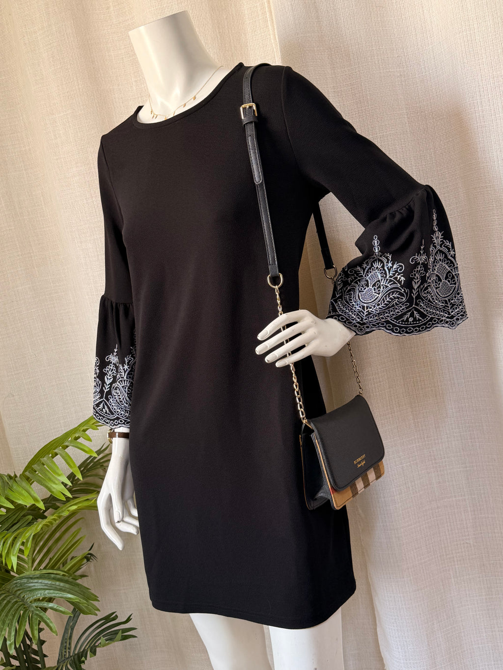 New Look Black Dress with Embroidered Bell Sleeves (Small)