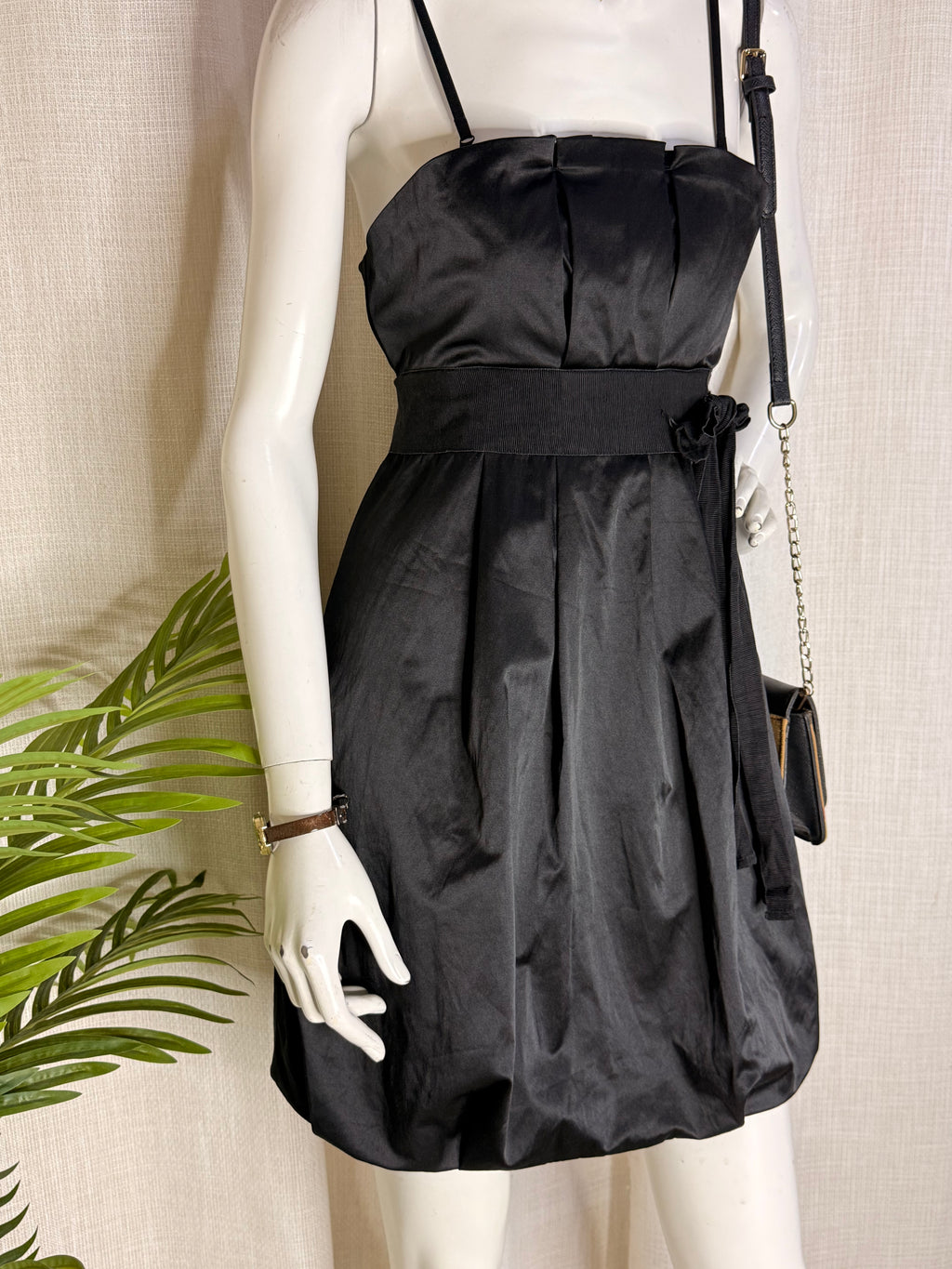 Morgan De Toi Black Satin Cocktail Mini Dress with Ribbon Tie – Size Small (Excellent Condition)
