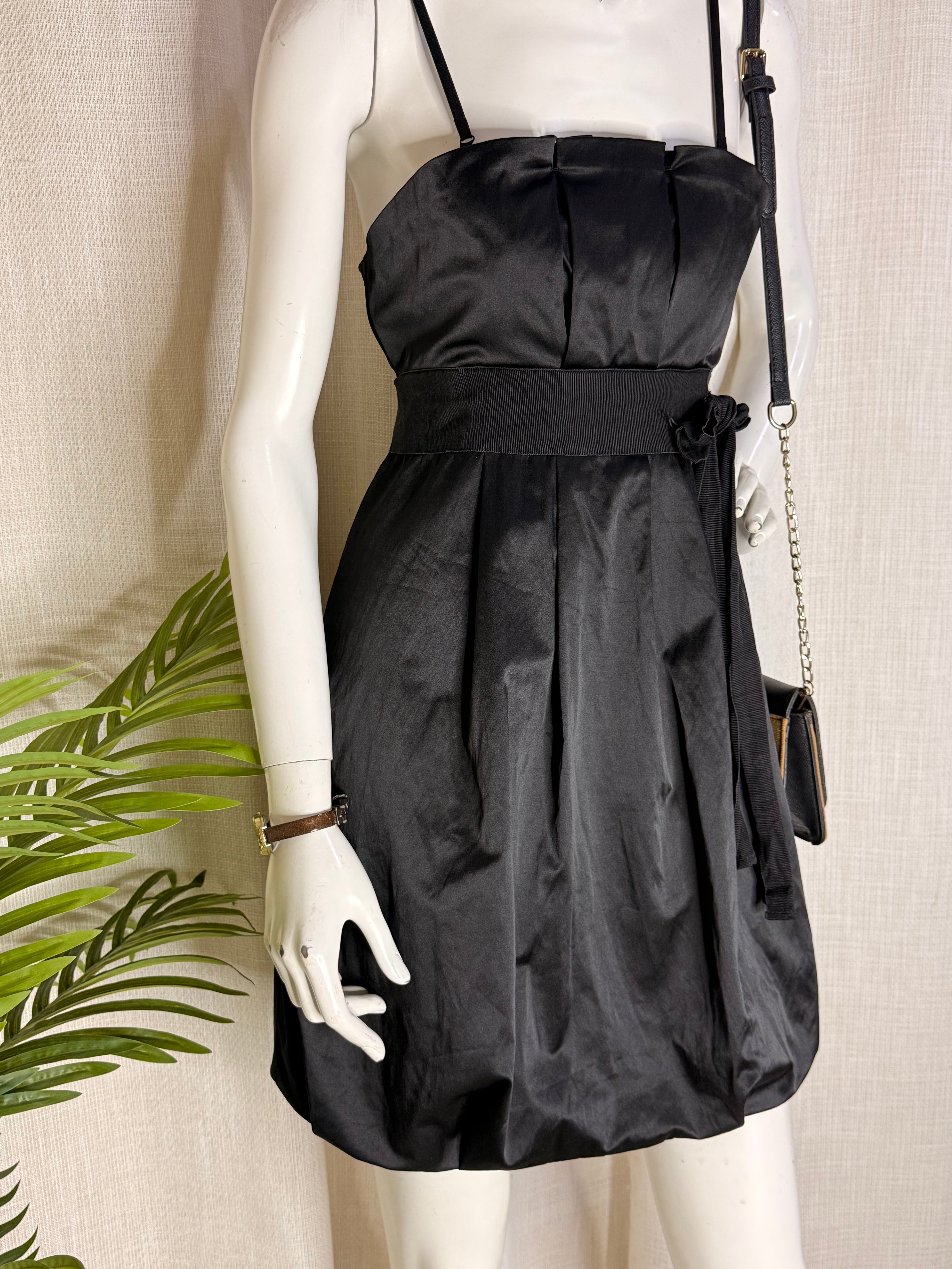 Morgan De Toi Black Satin Cocktail Mini Dress with Ribbon Tie – Size Small (Excellent Condition)