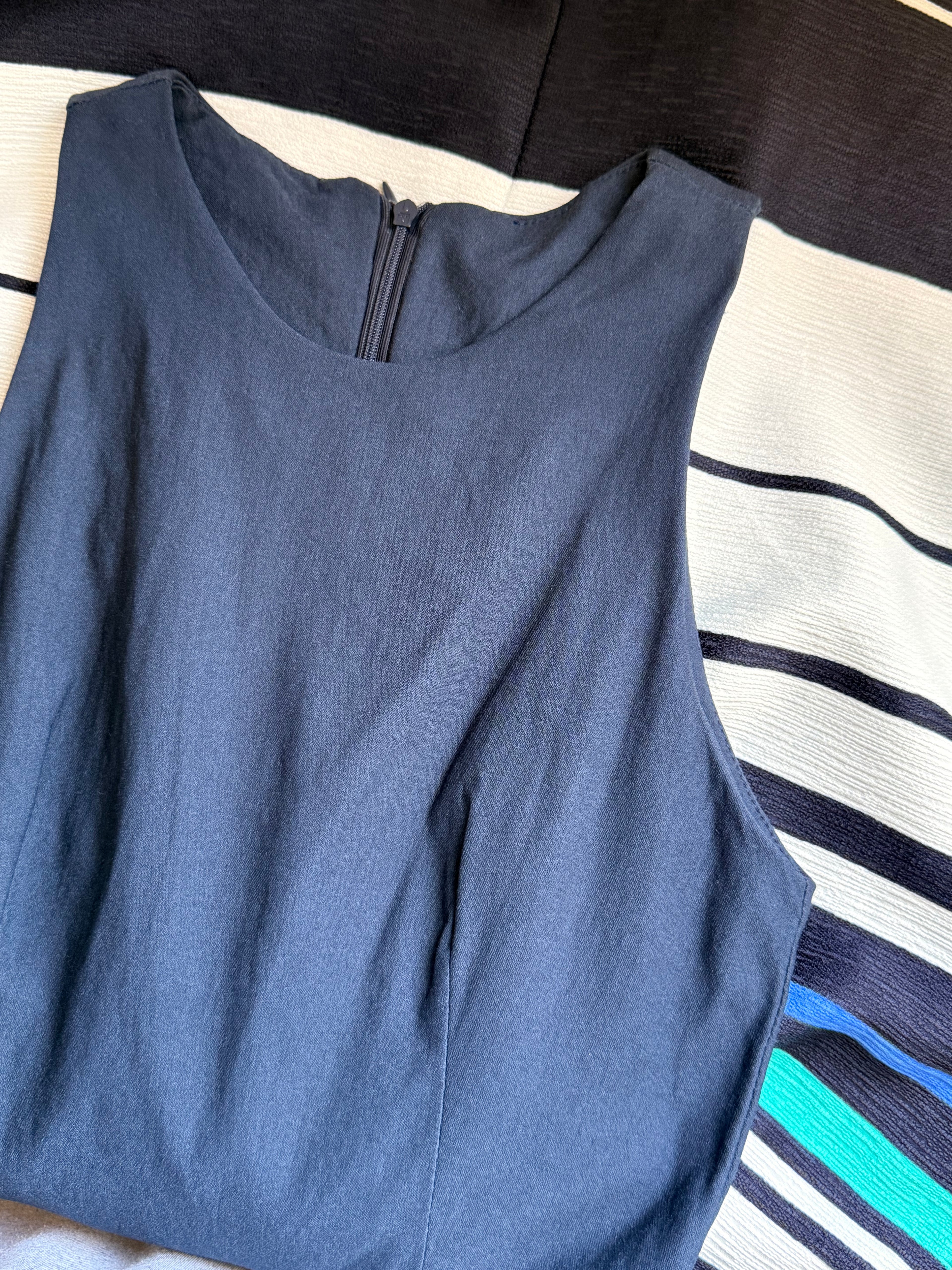 Navy Sleeveless Skater Dress with Vibrant Striped Pleated Skirt - Small