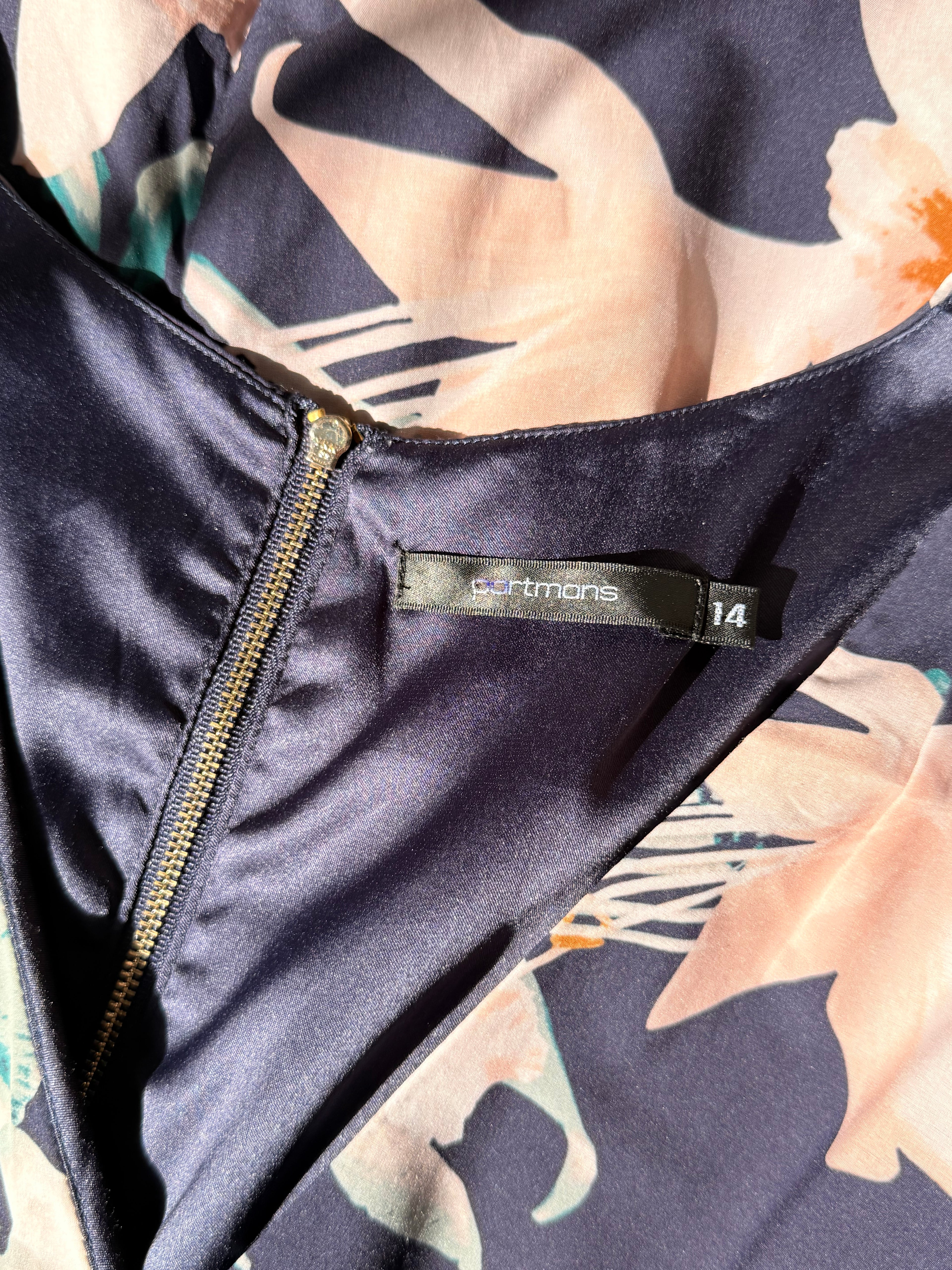 Portmans Floral Faux-Wrap Dress - Navy & Blush Satin Finish - Size 14 (L)