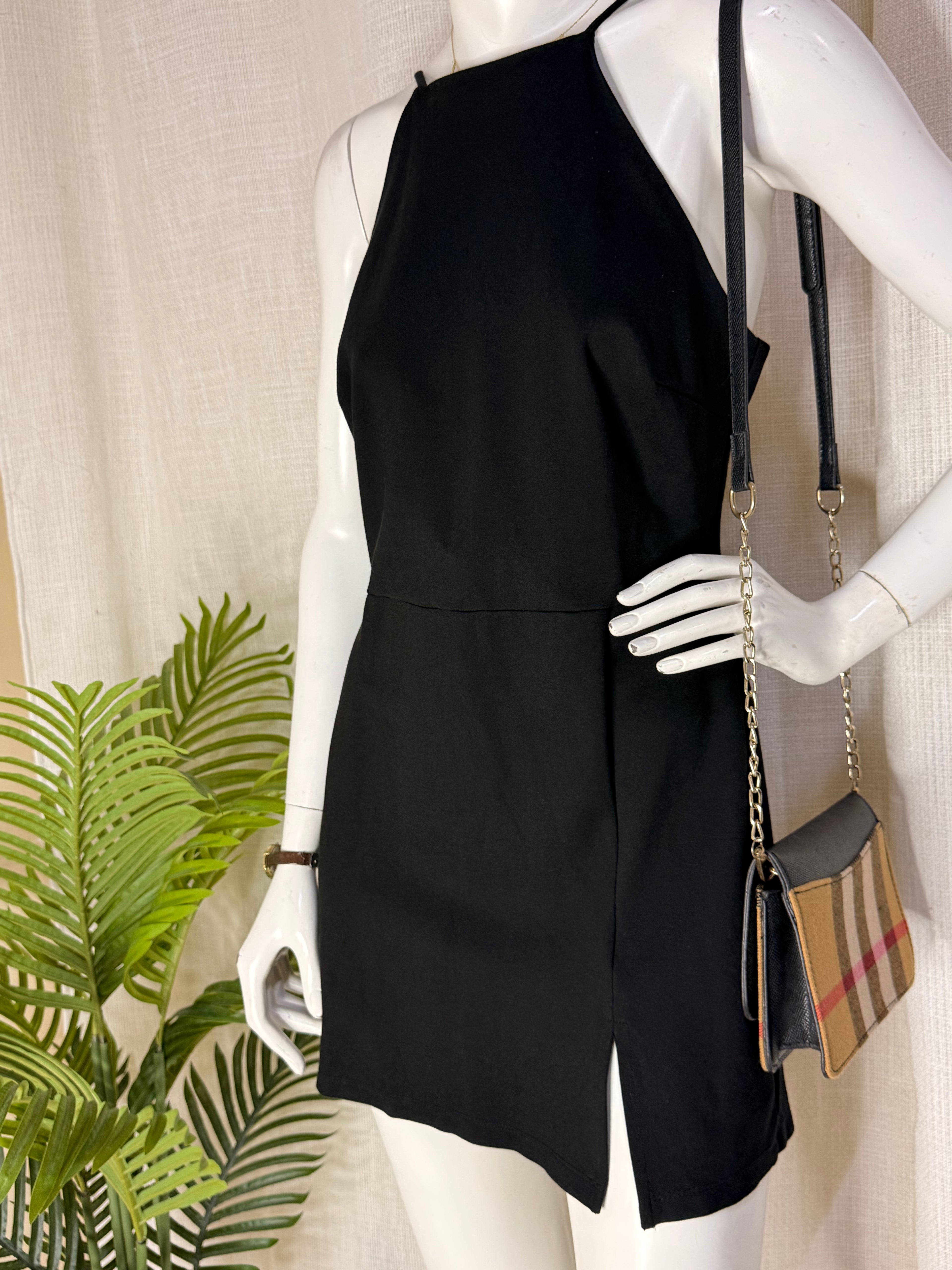STRADIVARIUS High-Neck Halter Mini Dress with Front Slit - Sleek Black (Size XL / Fits Medium-Large)