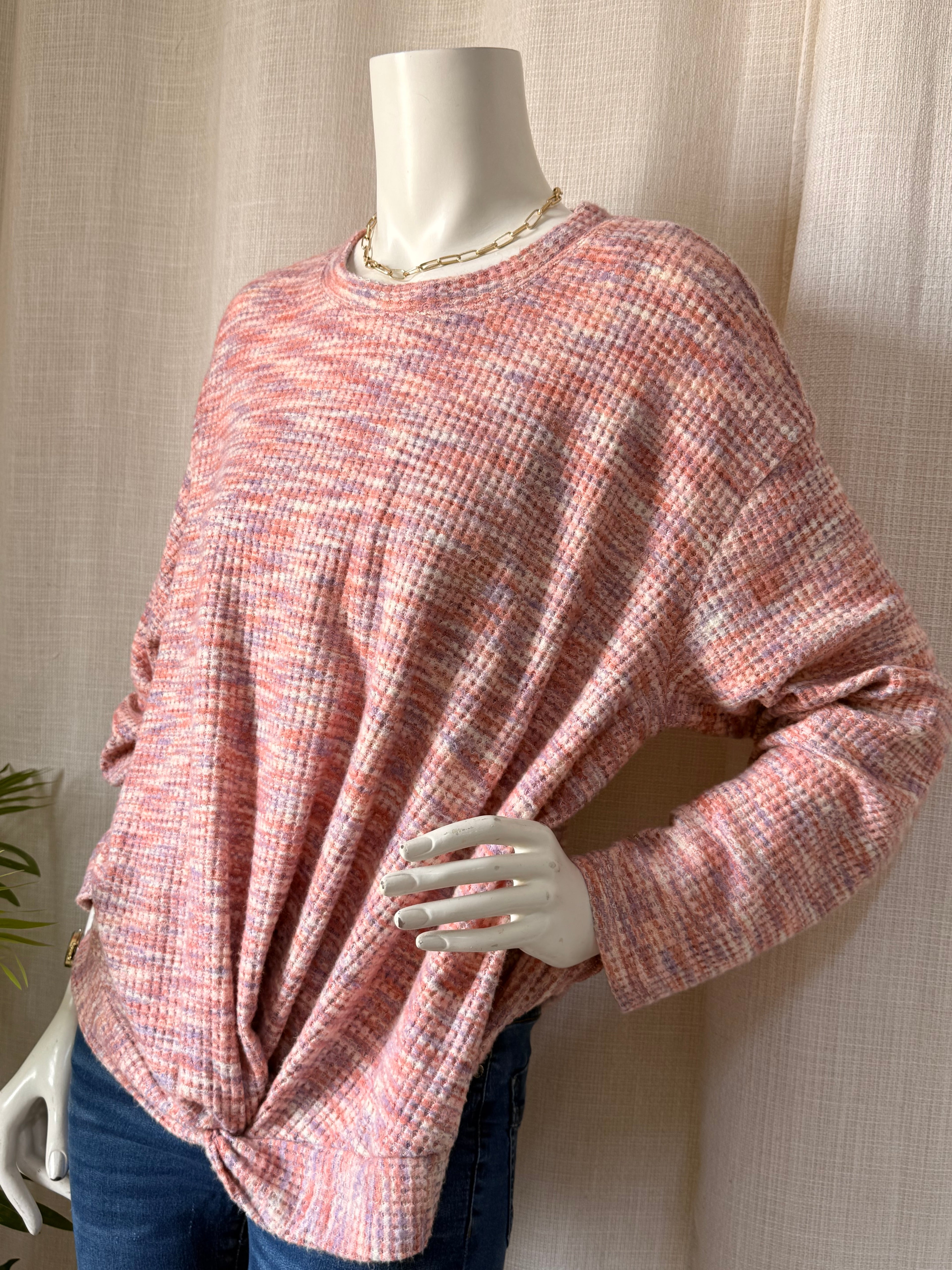 Cozy Pastel Textured Waffle Sweater, Front Twist Accent, Large