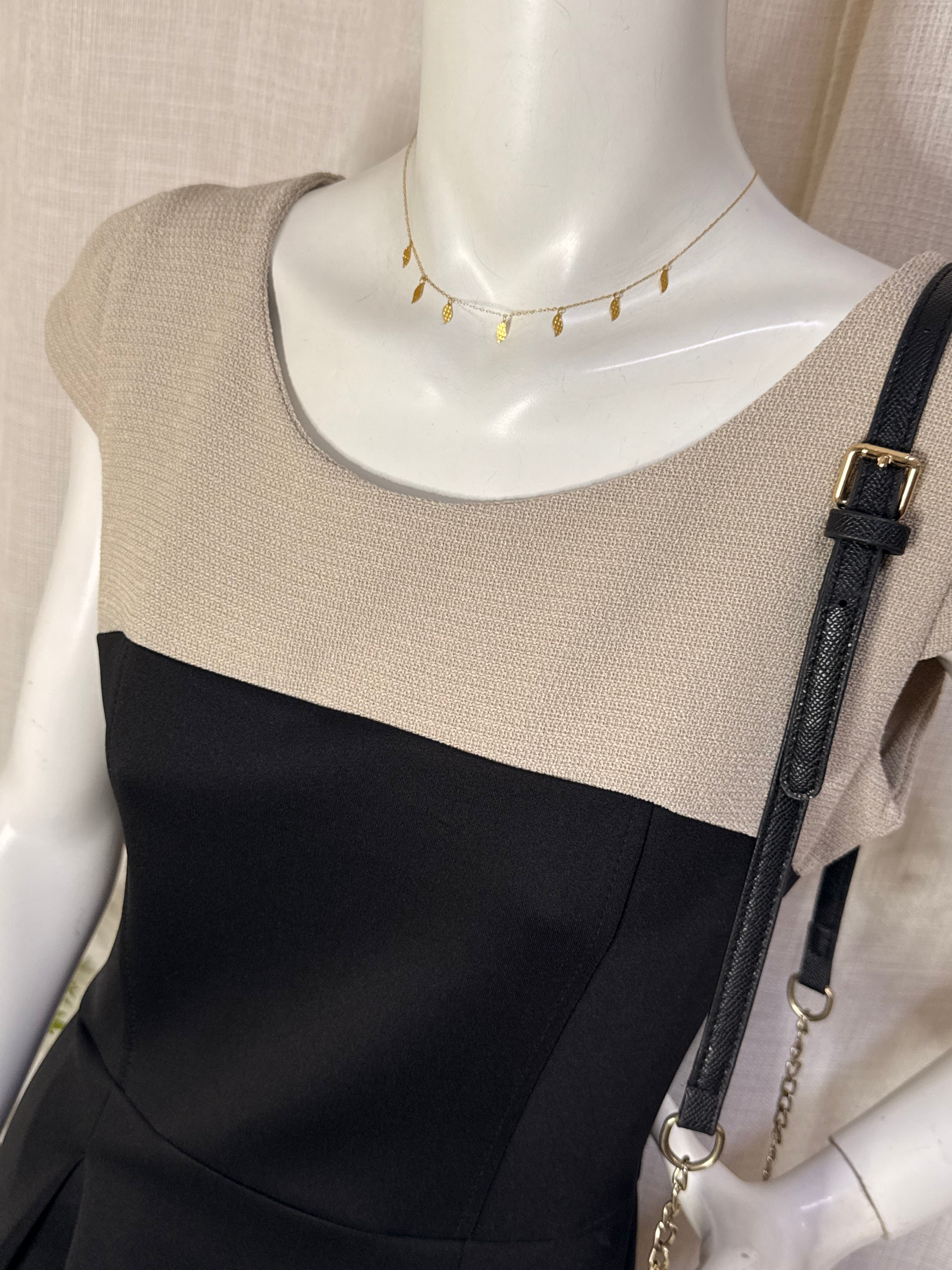 Rimini 1928 Beige & Black Colorblock Pleated Skater Mini Dress – Size Medium