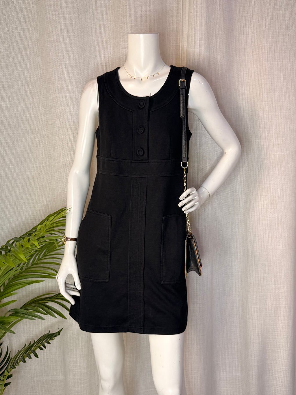 Sfera Black Sleeveless Button Detail Shift Dress – Size M | Casual Work Dress