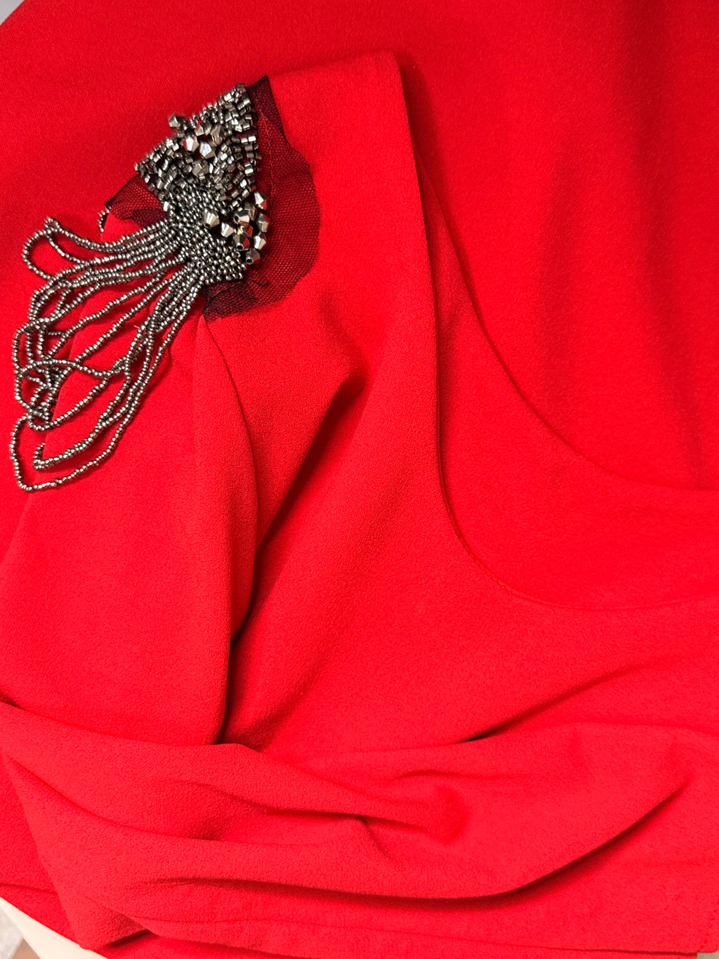 Italian Beaded Fringe Shoulder Red Bodycon Mini Dress – UK 10 / Medium