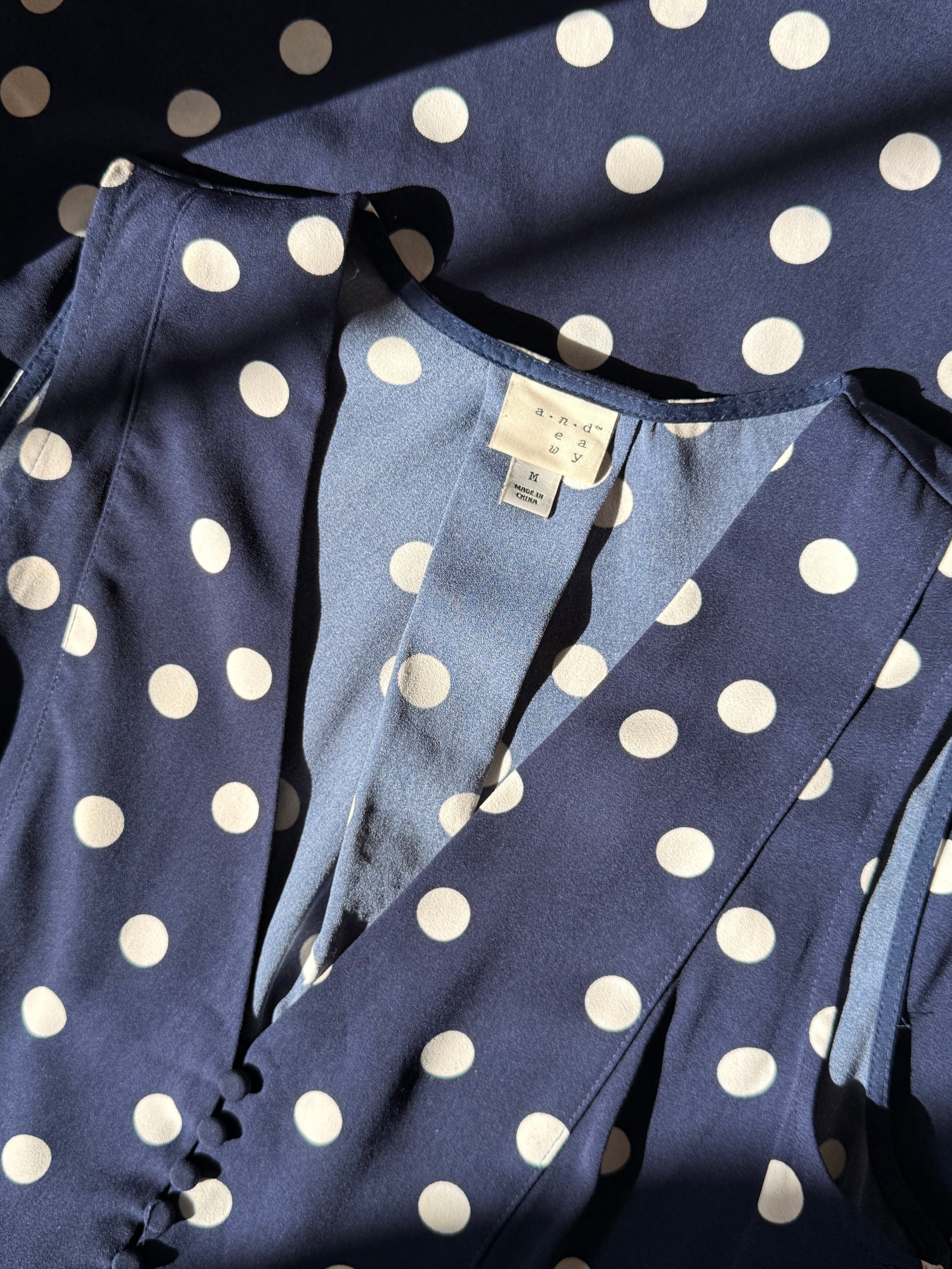 A New Day Navy Polka Dot Dress - V-Neck with Button Detail - Size Medium