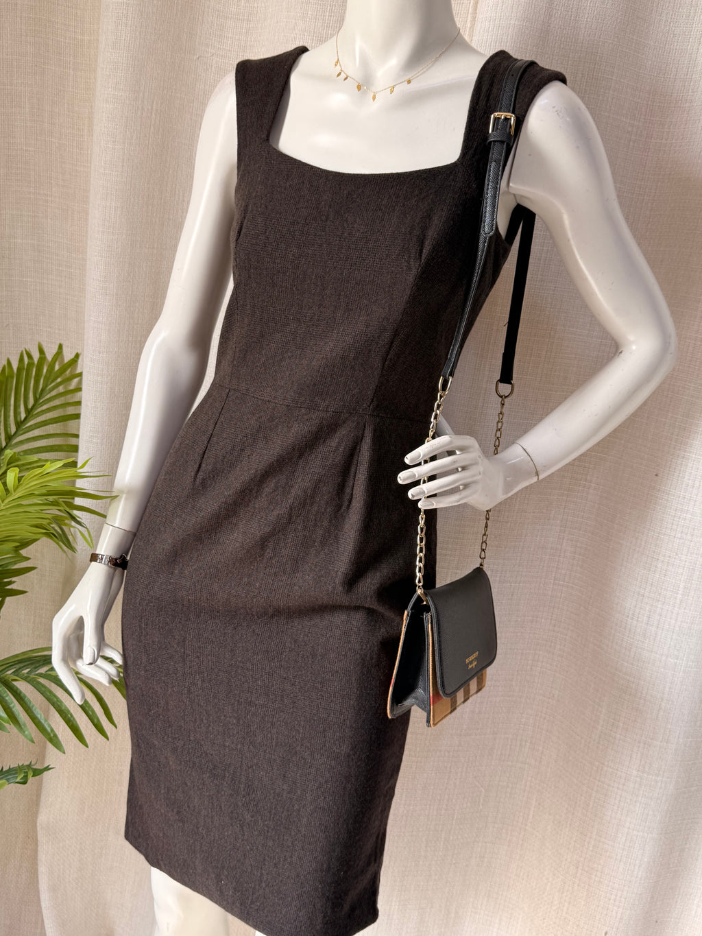 Teenflo Maurice Tarica Brown Textured Square-Neck Sheath Dress – Size 2 | Elegant Workwear & Office Dress