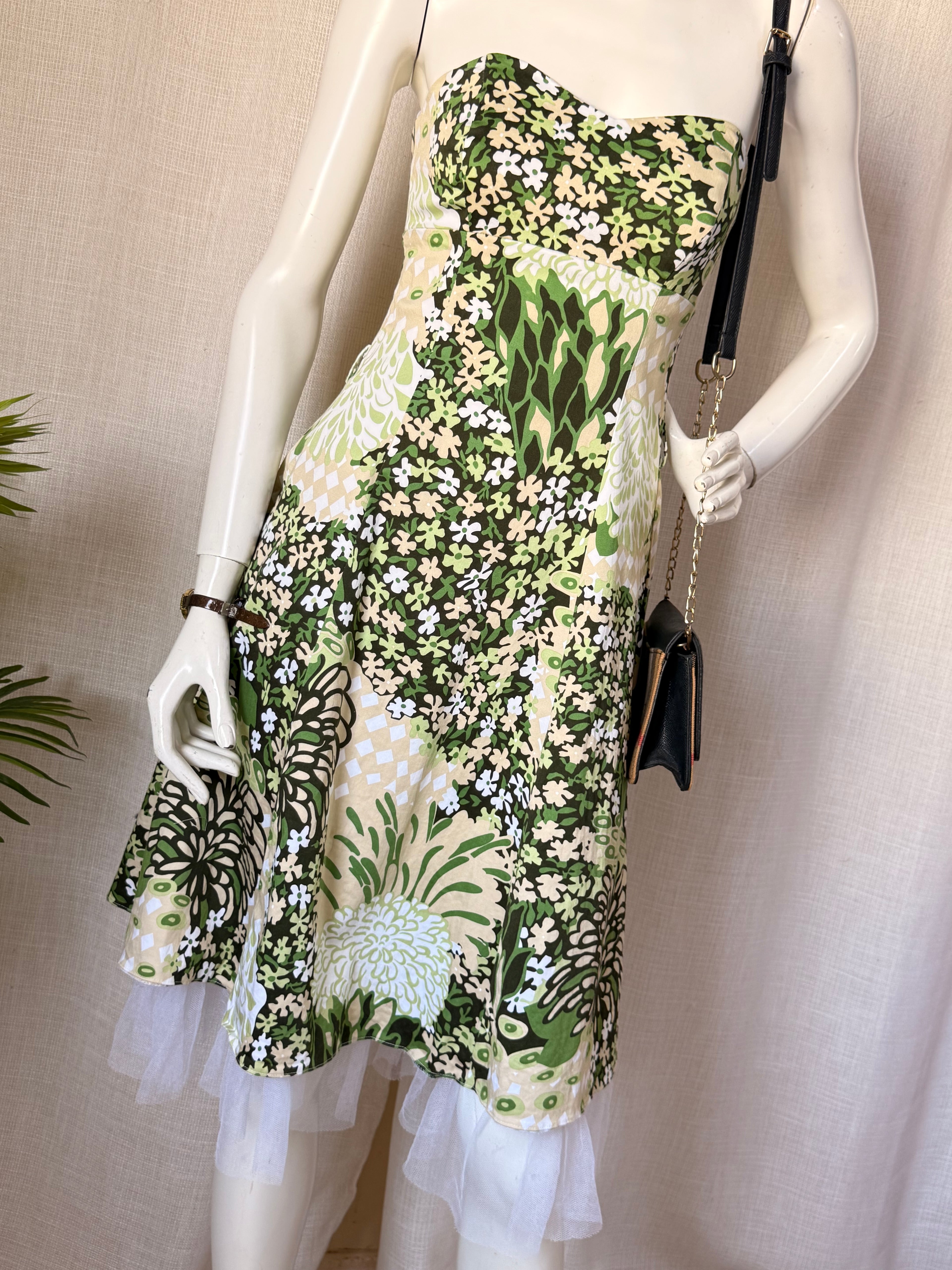 Miss Posh Floral Strapless Sundress with Tulle Trim - Green Retro Print - Size 10