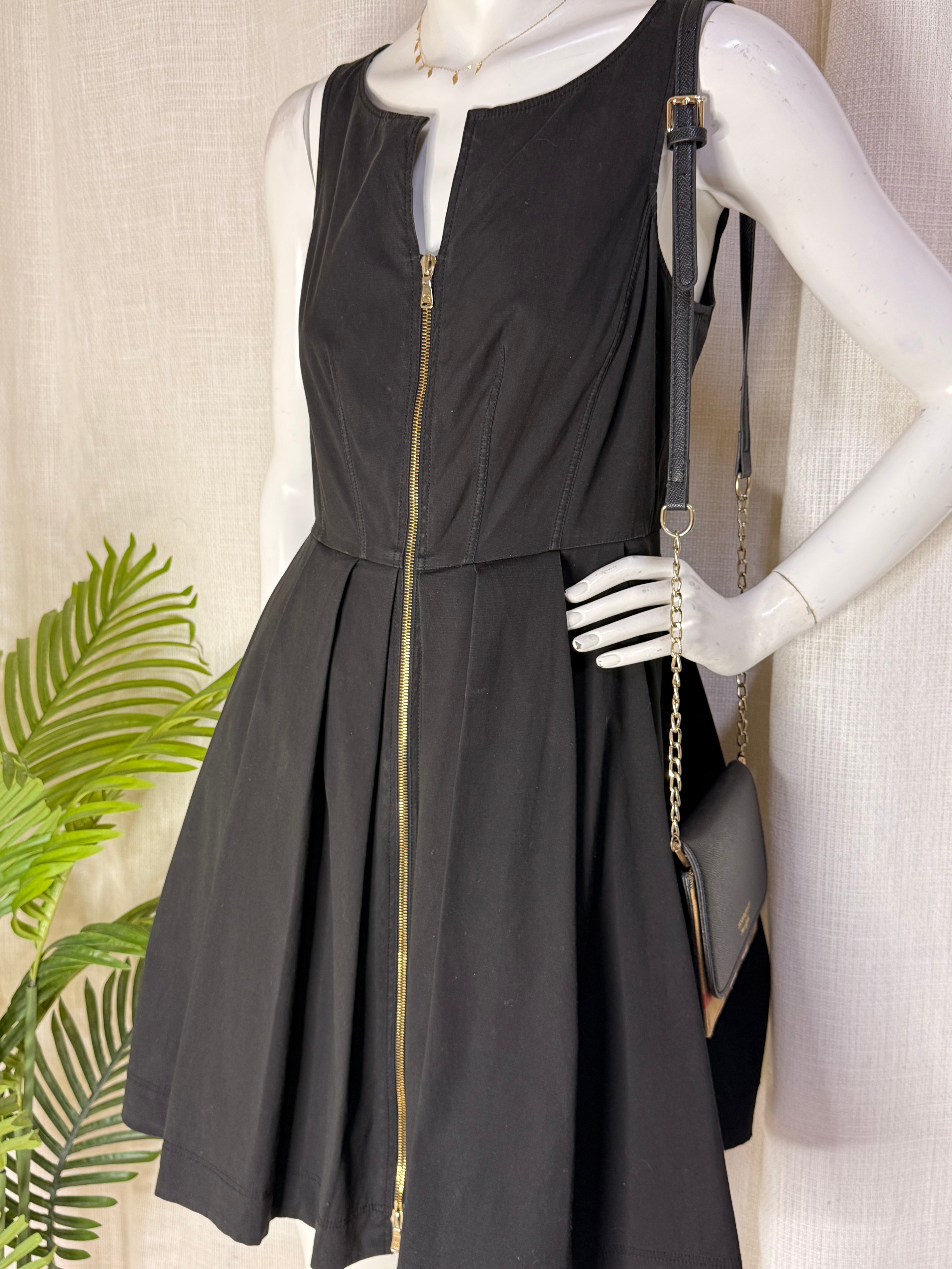 Georges Rech Black Sleeveless Full-Zip Pleated Mini Dress – Size FR 40