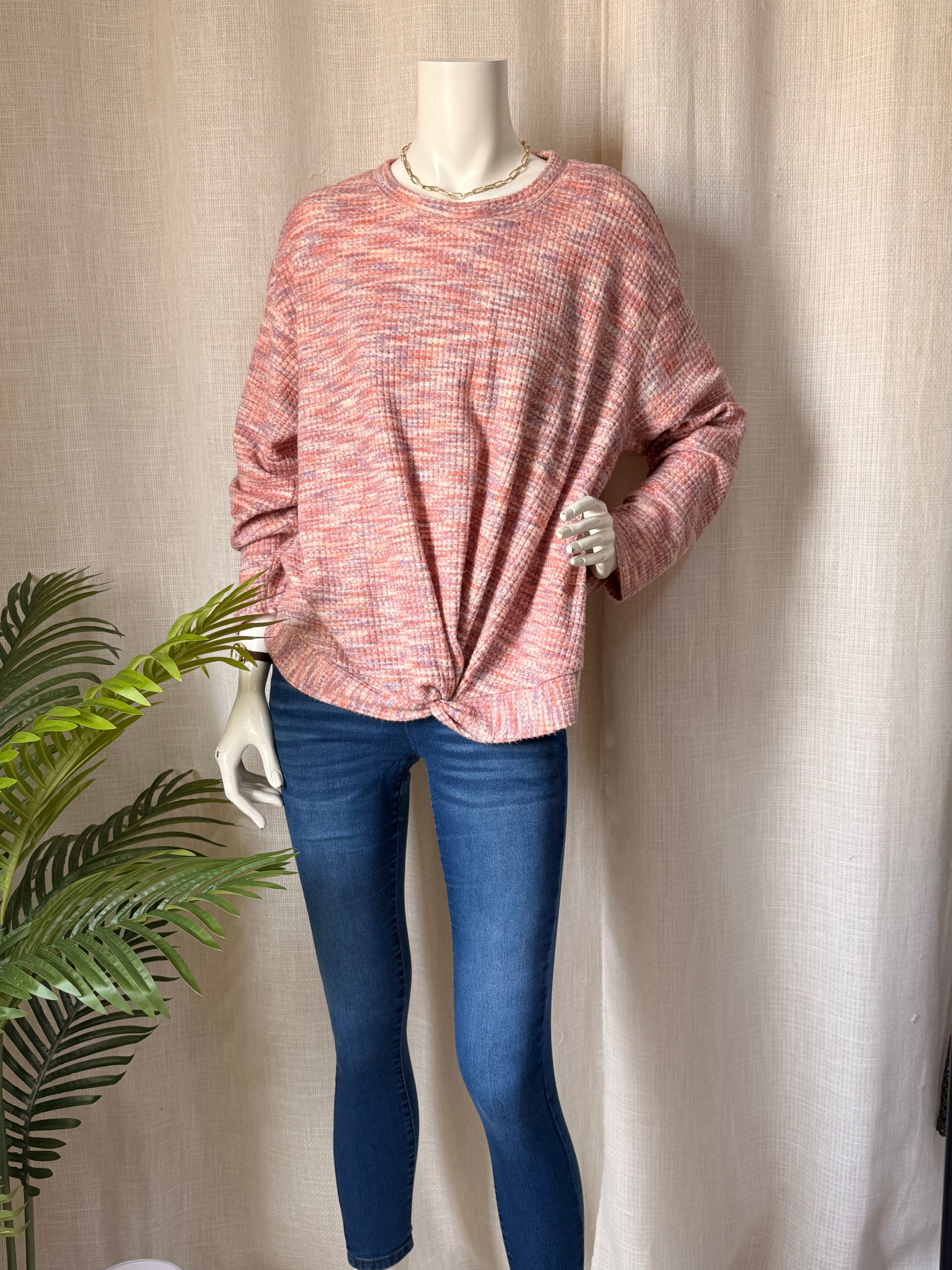 Cozy Pastel Textured Waffle Sweater, Front Twist Accent, Large