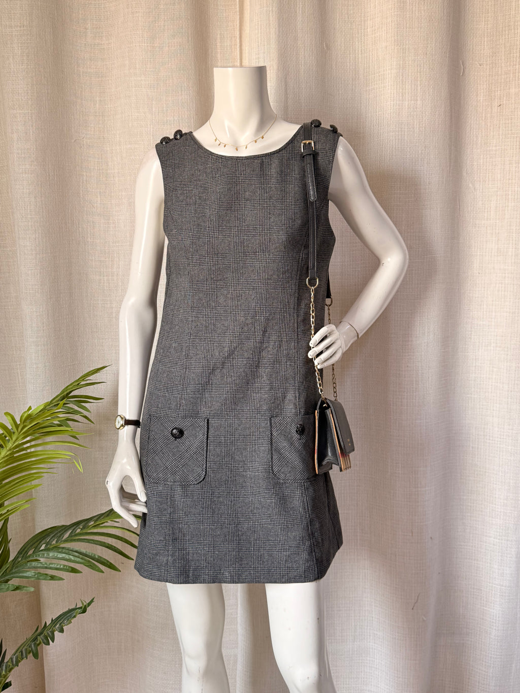 E-vie Grey Glen Plaid Shift Mini Dress with Button Shoulder Detail – UK 10 | Small