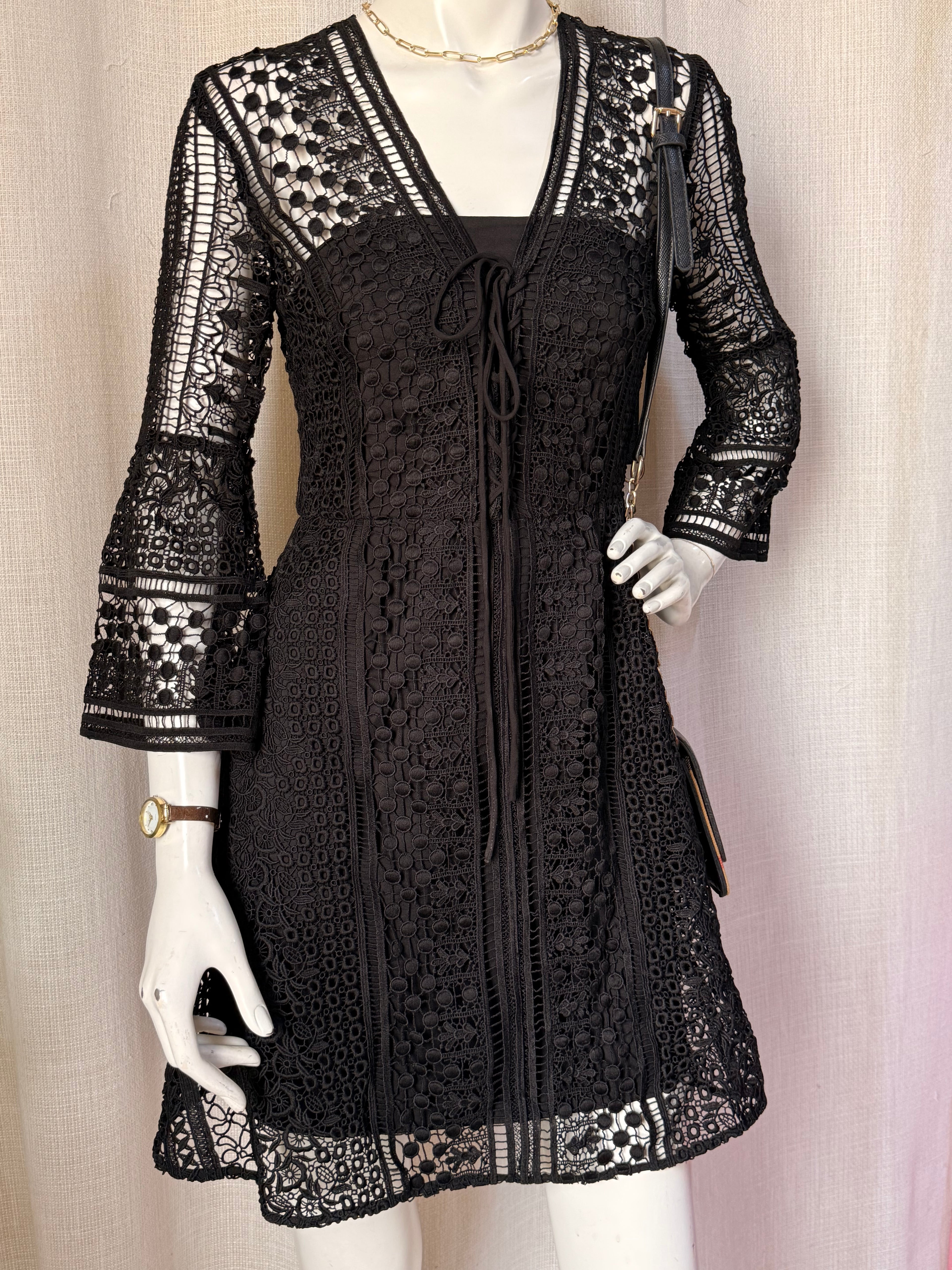 Forever New Black Lace Bell Sleeve Dress - US 4 | Pre-loved Cocktail Dress